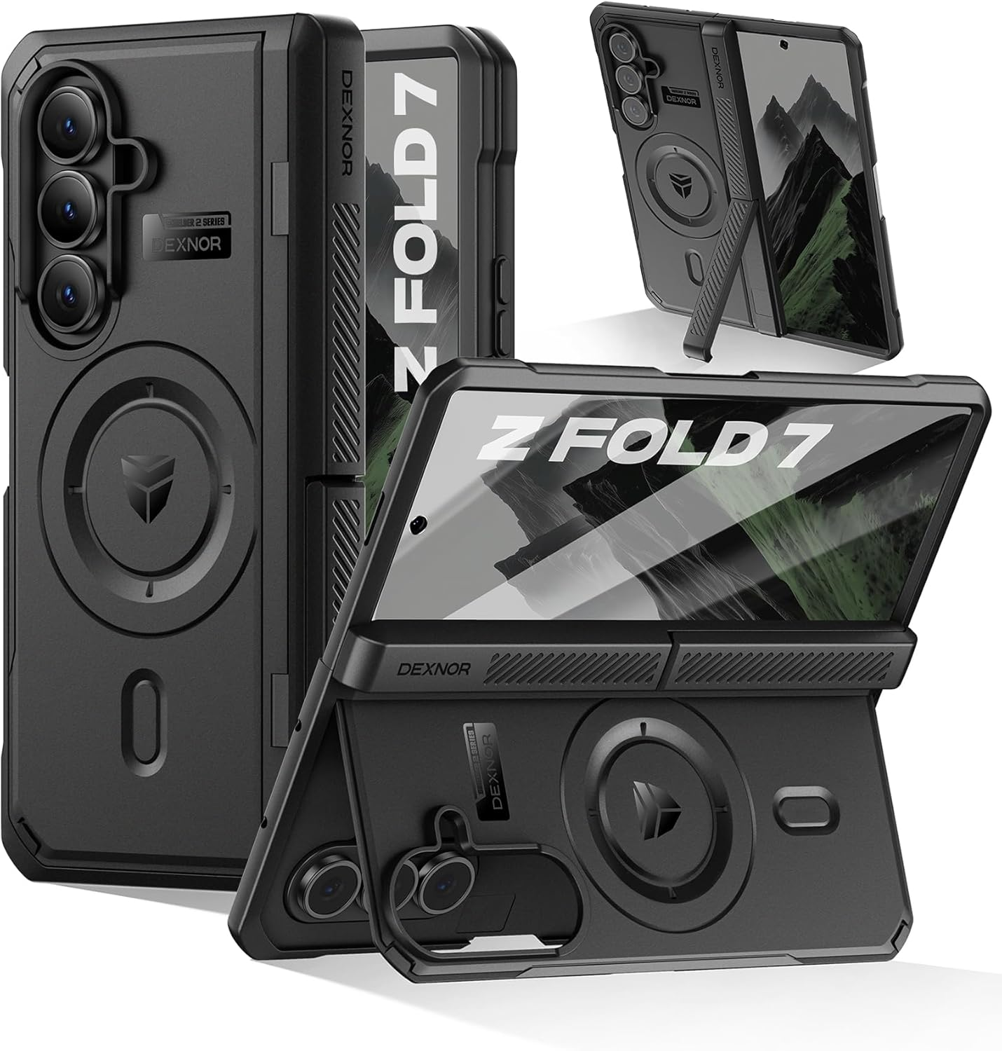 DEXNOR Magnetic for Samsung Galaxy Z Fold 7 Case with & Dual Kickstands & Front Screen Protector & Hinge Protection, Compatible with Magsafe, Full-Body Rugged Bumper Cases - Black image number 7