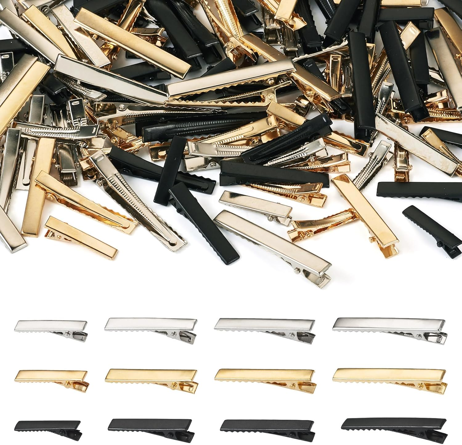 FASHEWELRY Hair Clip, 120Pcs Alligator Iron Hair Clips, 12 Style, 3 Colors, Hair Barrette Blanks for Bows Making, Hair Accessories, Size 31X8X8Mm-57X11X10Mm, for Women