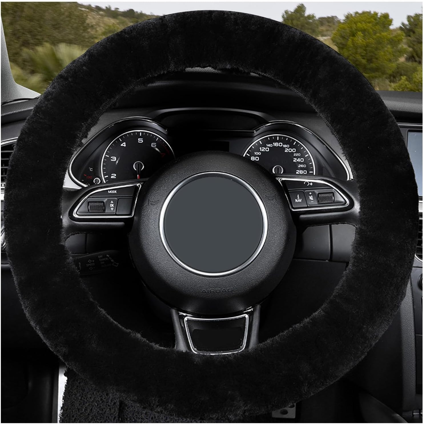 Kewucn Fuzzy Car Steering Wheel Cover, 15 Inch Elastic Soft Steering Wheel Protector, Anti-Slip Fluffy Car Wheel Covers, Universal Vehicle Warm Winter Accessories for Car SUV Truck (Black)