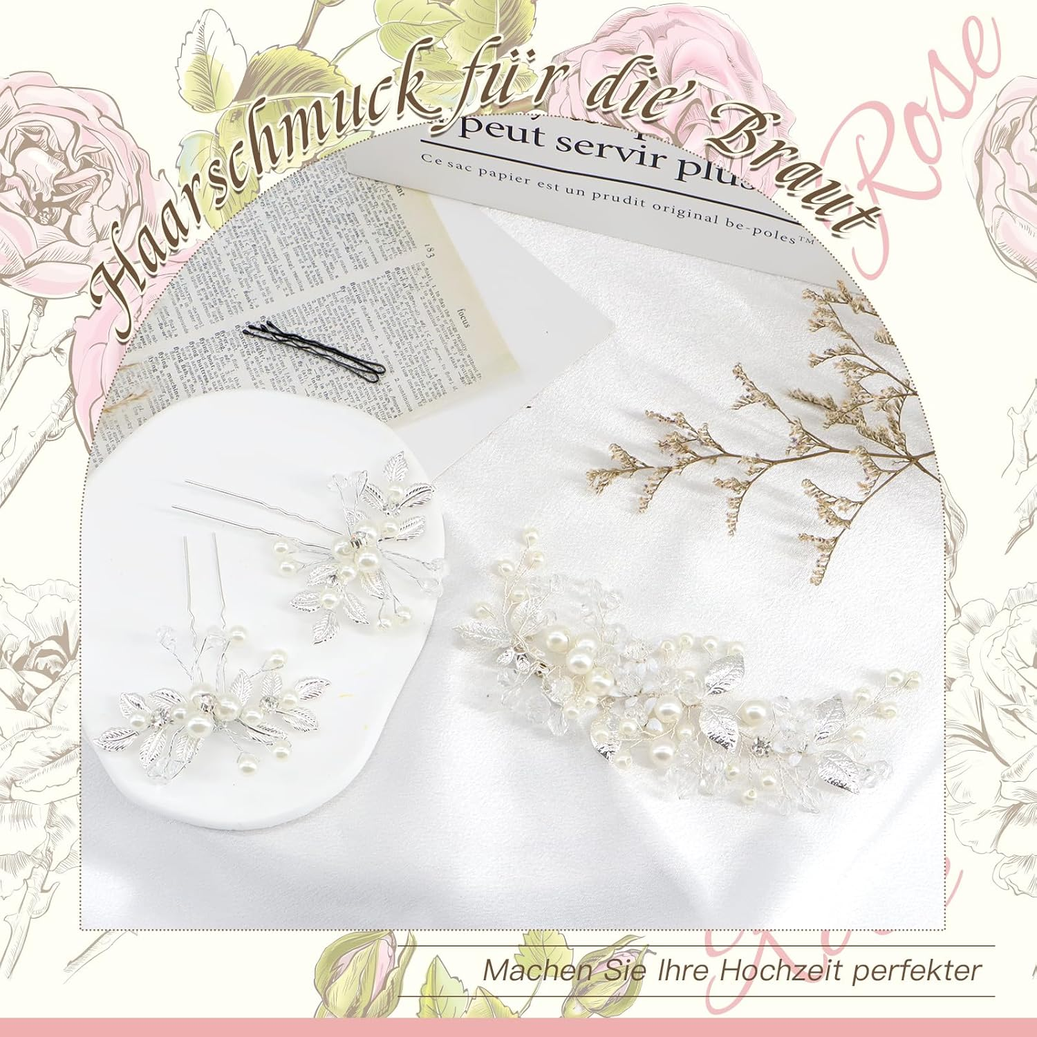 ZOCONE Bridal Flower Hair Accessories Silver Crystal Headband Flower Leaf Headpiece Pearl Hair Accessories Bridal Hair Pins Hair Pins Wedding for Women and Girls Bridal Hairstyle (B) image number 3