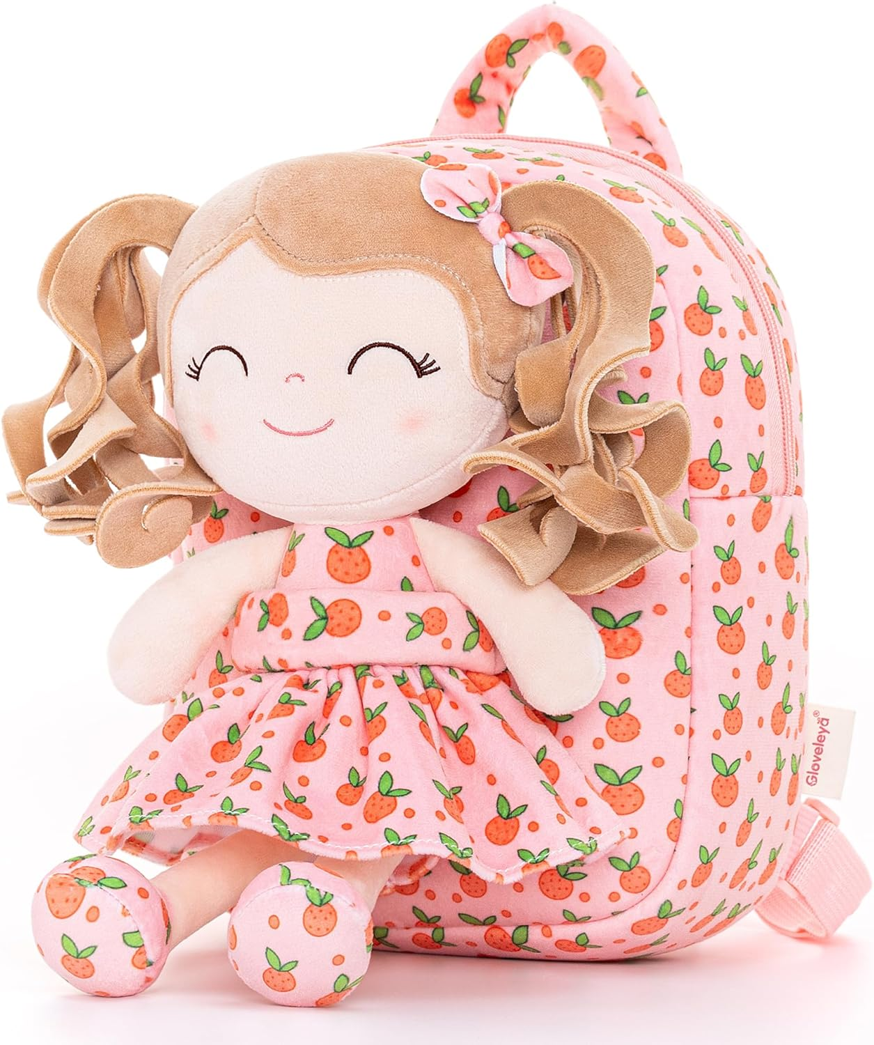 Gloveleya Toddler Backpack Baby Girl Gifts Curly Hair Plush Figures Dress Backpack Kids Backpack Curly Hair Spring Girl Fruit Section-Orange 9Inches