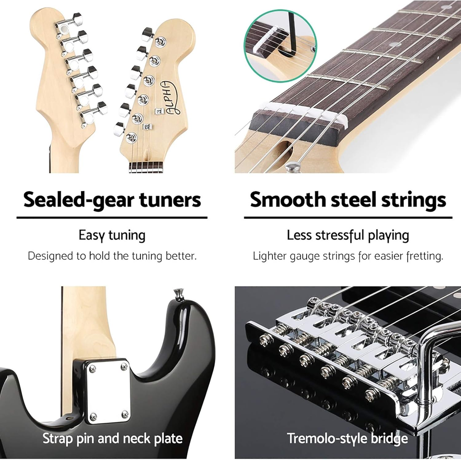 Alpha Electric Guitar Music String Instrument Rock W/Carry Bag, 3M Cable, Whammy Bar - Glossy Black image number 4