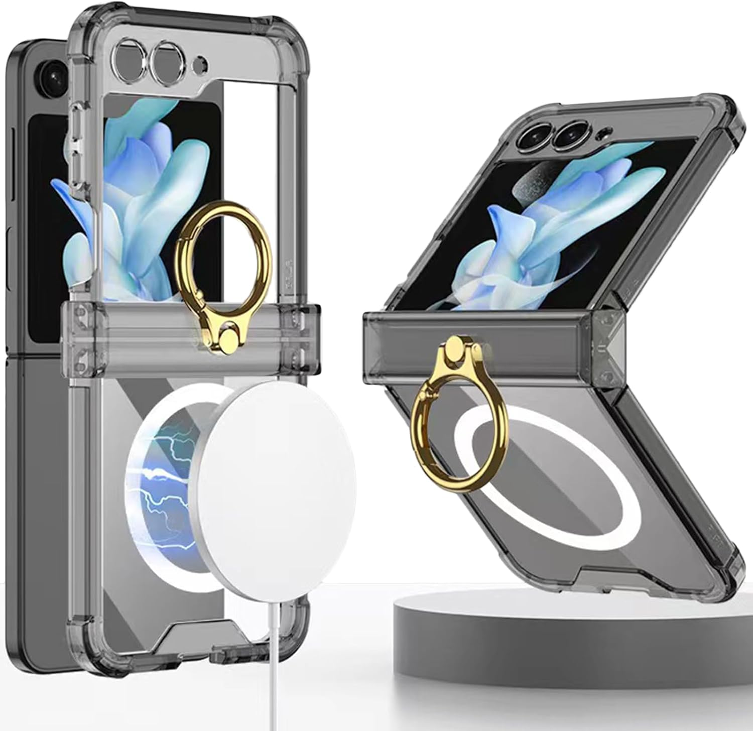 RUNGOS Magnetic Clear for Samsung Z Flip 7 Case Magsafe with Ring Stand [Hinge Protection] [360&deg; Rotatable Ring Holder] [Mil-Grade 4-Corner Airbag Reinforcement] Cover for Samsung Galaxy Z Flip 7 Case