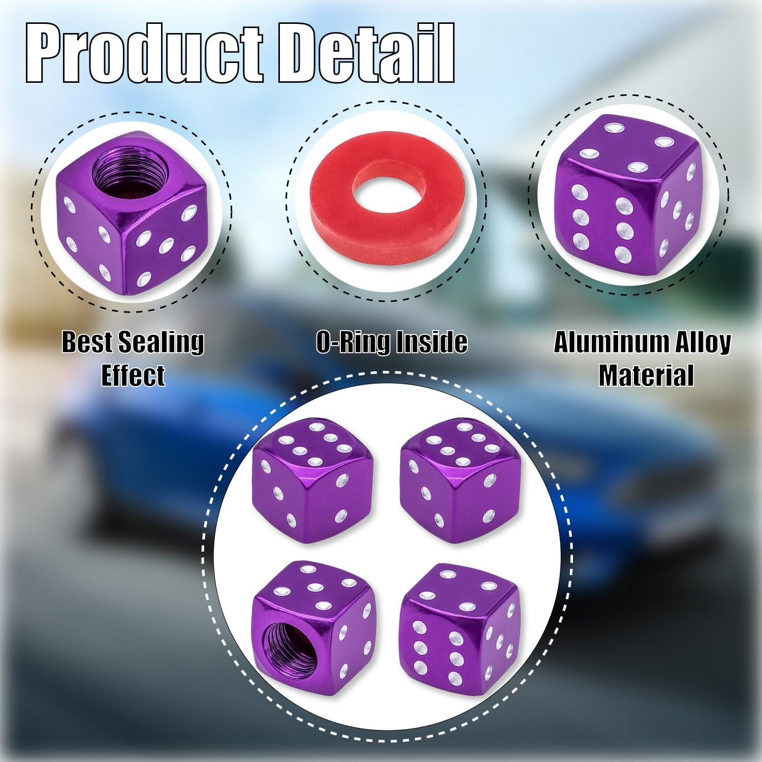4PCS Dice Style Tire Valve Stem Caps, with O Rubber Ring, Universal Aluminium Alloy Dustproof Tire Valve Stem Covers for Cars, SUV, Trucks, Bikes, Motorcycles, Bicycles(Purple) image number 3