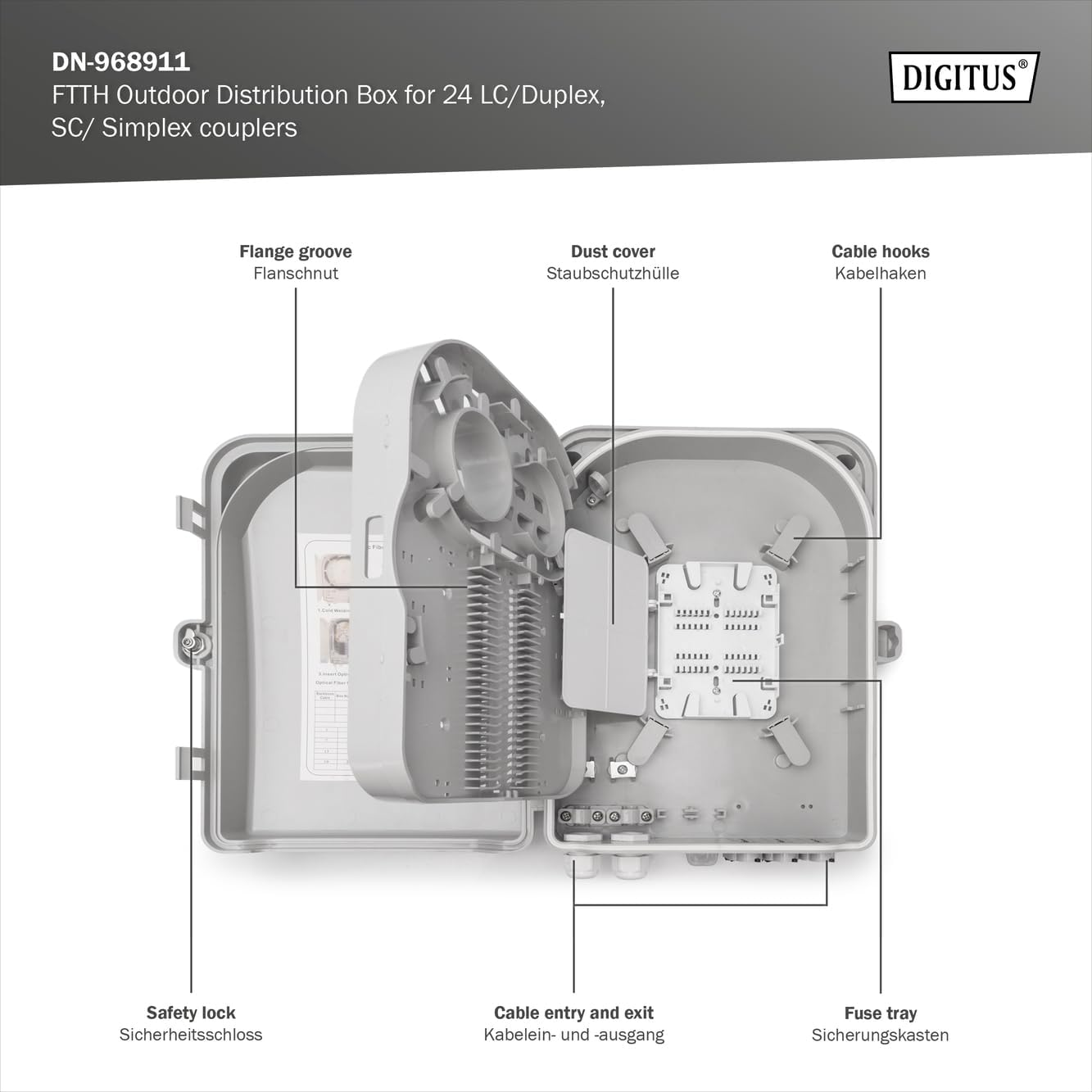 Digitus Professional DN-968911 Outdoor FTTH Distribution Box for 8X SC Simplex Adaptor / 24 Splices