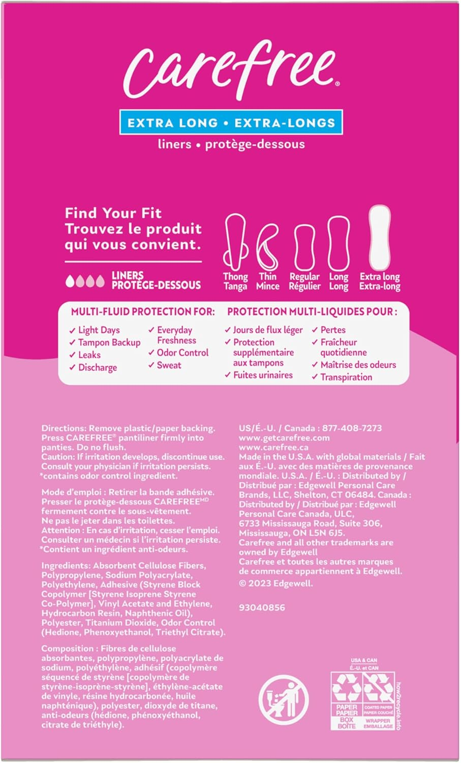 CAREFREE Acti-Fresh Pantiliners, Extra Long Flat, Unscented, 100 Ct