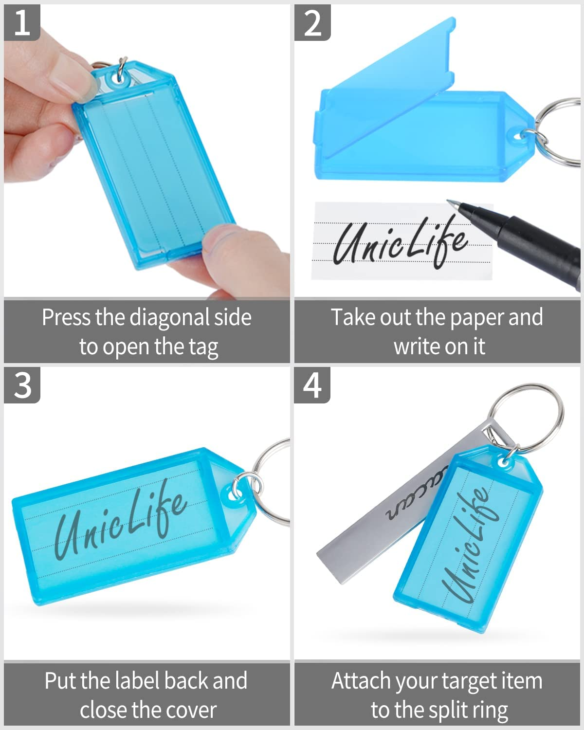 Uniclife 20 Pack Tough Plastic Key Tags with Split Ring Label Window, Assorted Colors image number 1