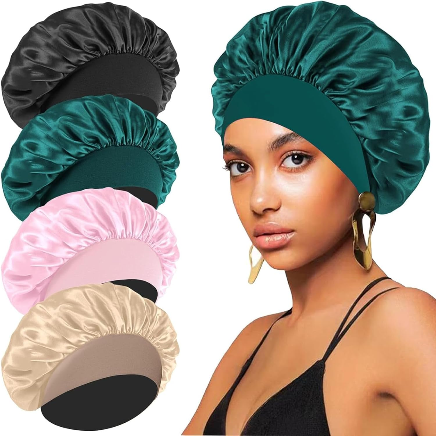 4Pcs Double Layer Satin Silk Hair Bonnet for Sleeping with Elastic Band for Natural Curly Hair Unisex Sleep Cap image number 1