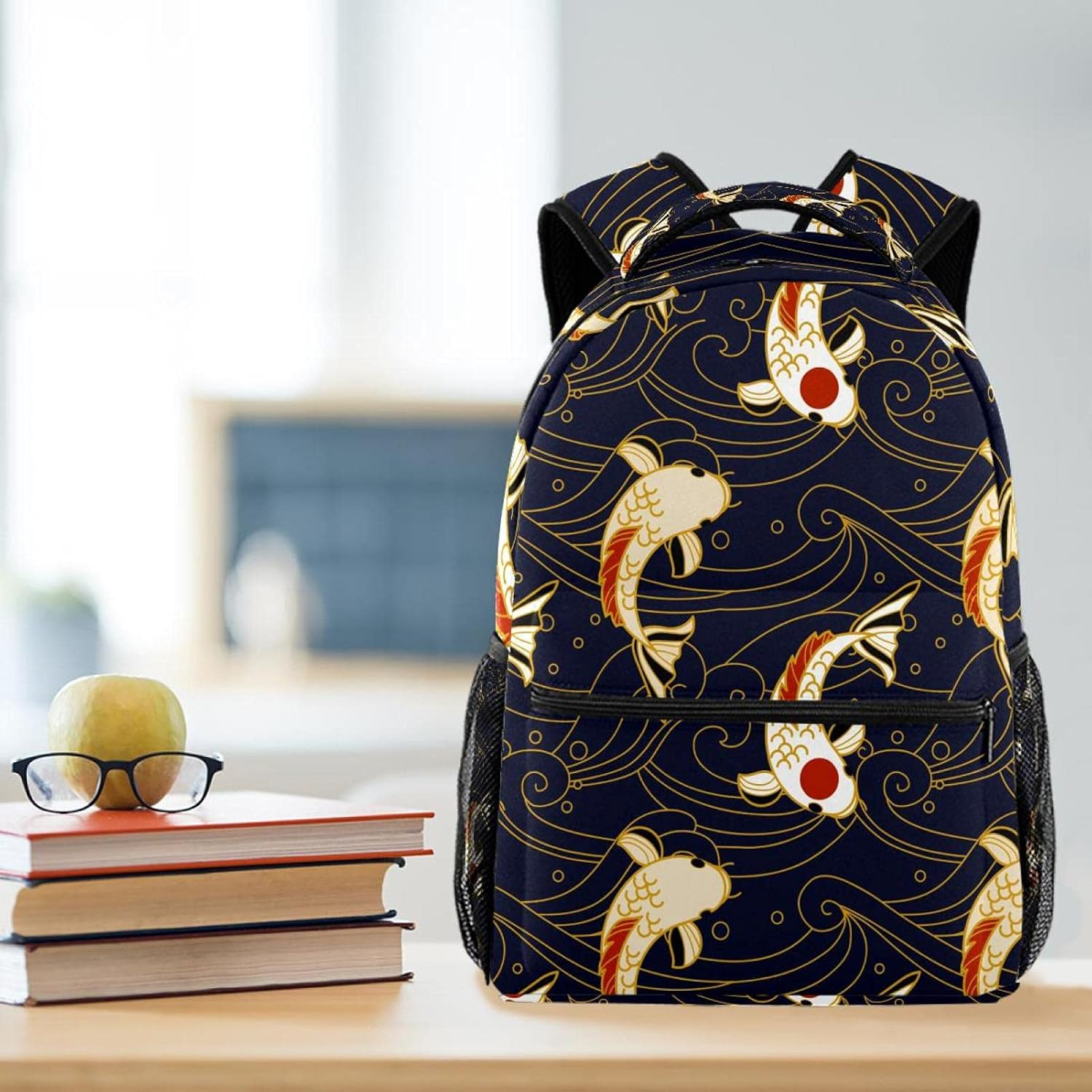 Koi Fish and Waves in Japanese Style Backpack Students Shoulder Bags Travel Bag College School Tote Backpacks