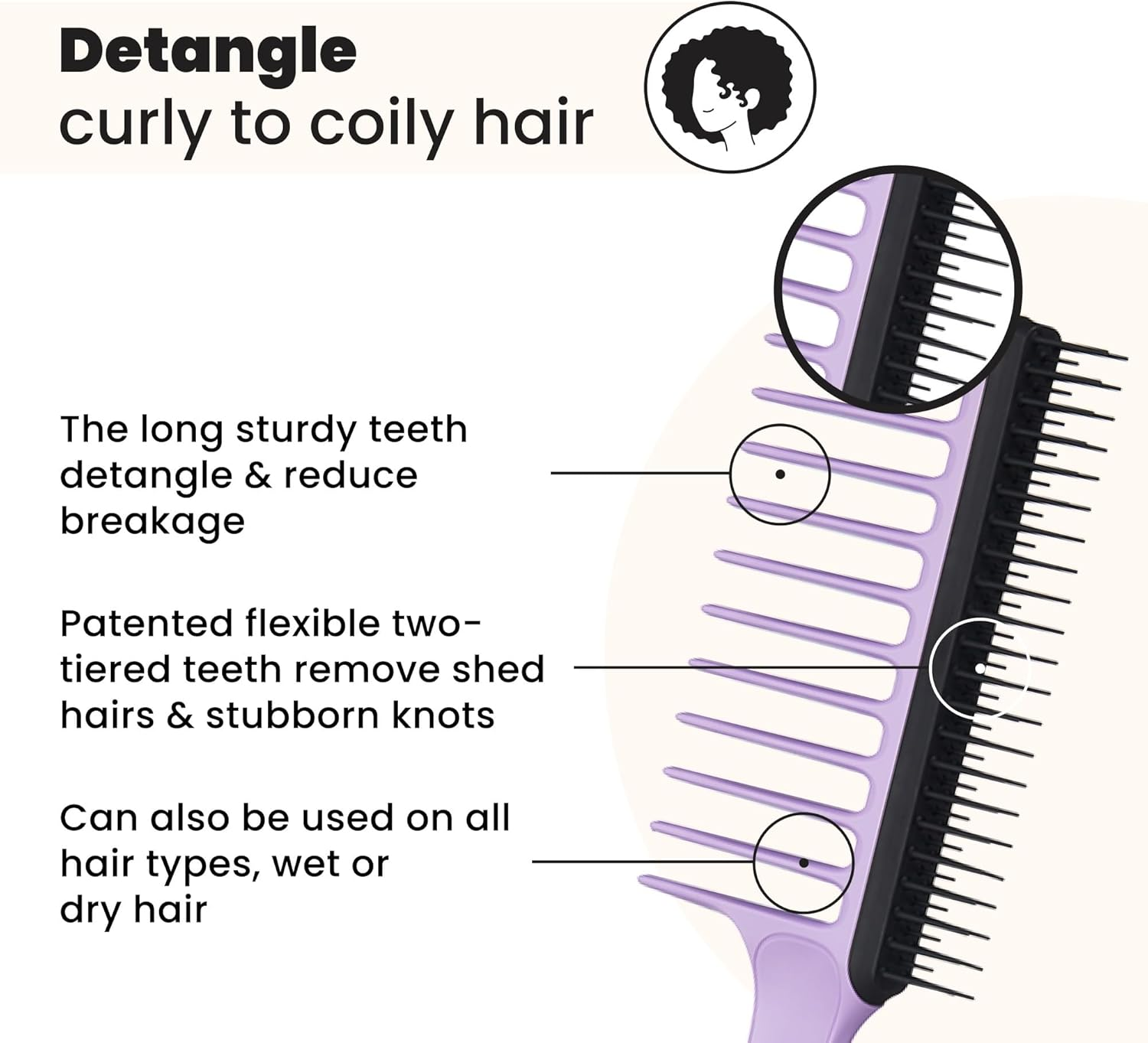 Tangle Teezer Wide Tooth Comb - Ideal for 3C-4C Curly Coily Hair - Long Teeth Detangle & Reduce Breakage - Two-Tiered Flexible Teeth Remove Shed Hair - Perfect for Brushing Out Curls - Lilac & Black image number 6