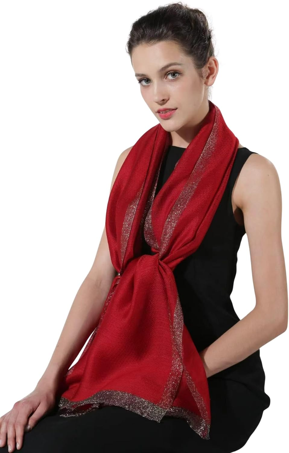 STARWHISPER Women'S Gold Trim Silk Scarf Shawl Wrap - Elegant Accessory for Evening Dress - Gift Packaged - Ivory image number 6