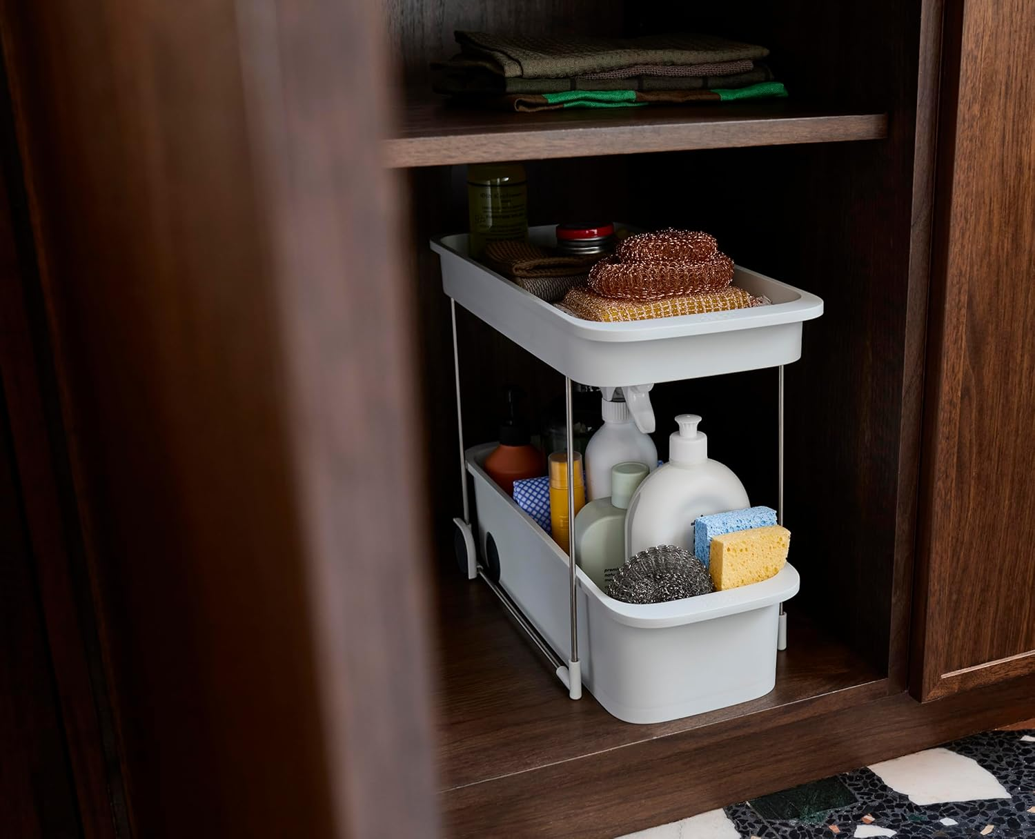 Joseph Joseph Cupboardstore 2-Tier Easy Access Wheeled Storage Caddy, under Sink Kitchen Organiser, Recycled Plastic image number 2