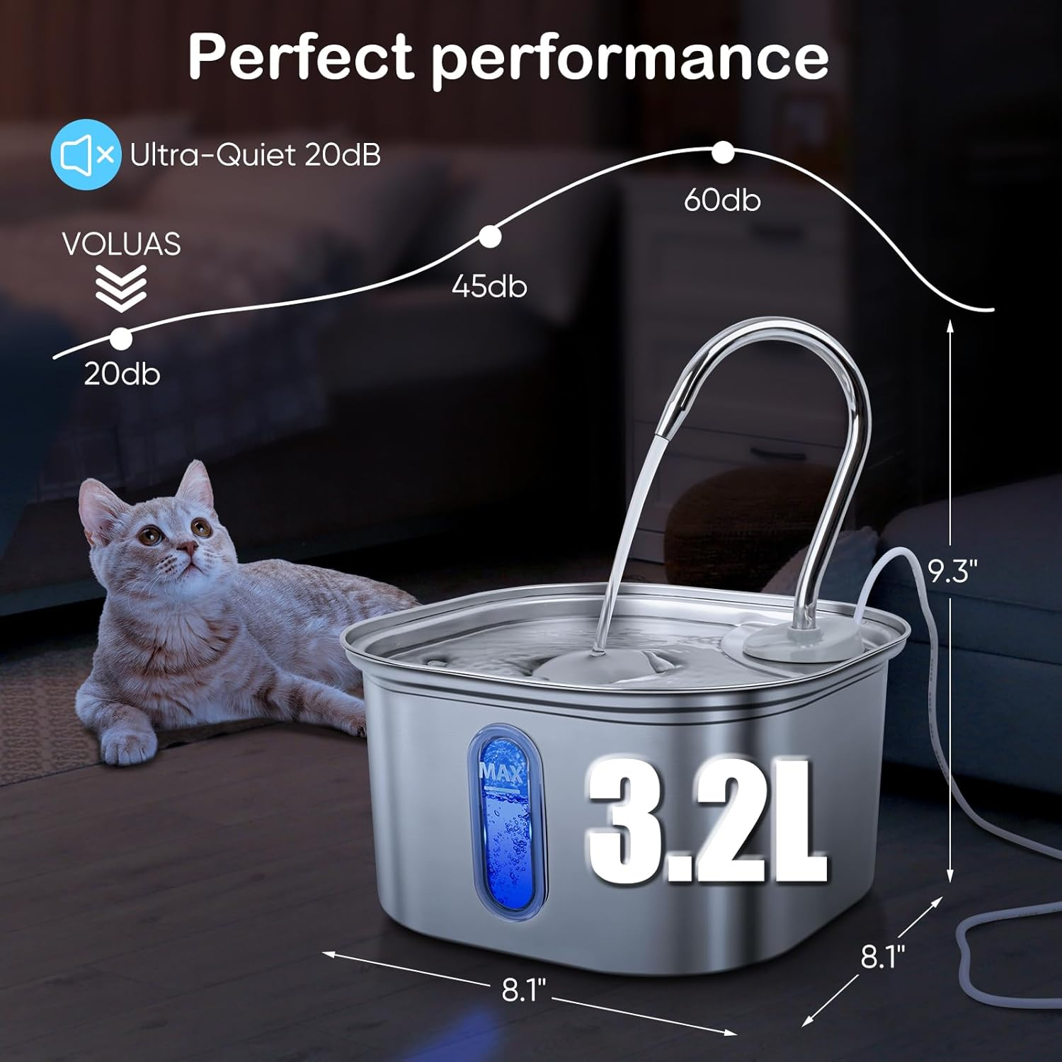 3.2L Stainless Steel Pet Water Fountain for Cat and Dog with Quiet Pump, Automatic Cat Water Dispenser for Multiple Pets Drinking with Transparent Window image number 4