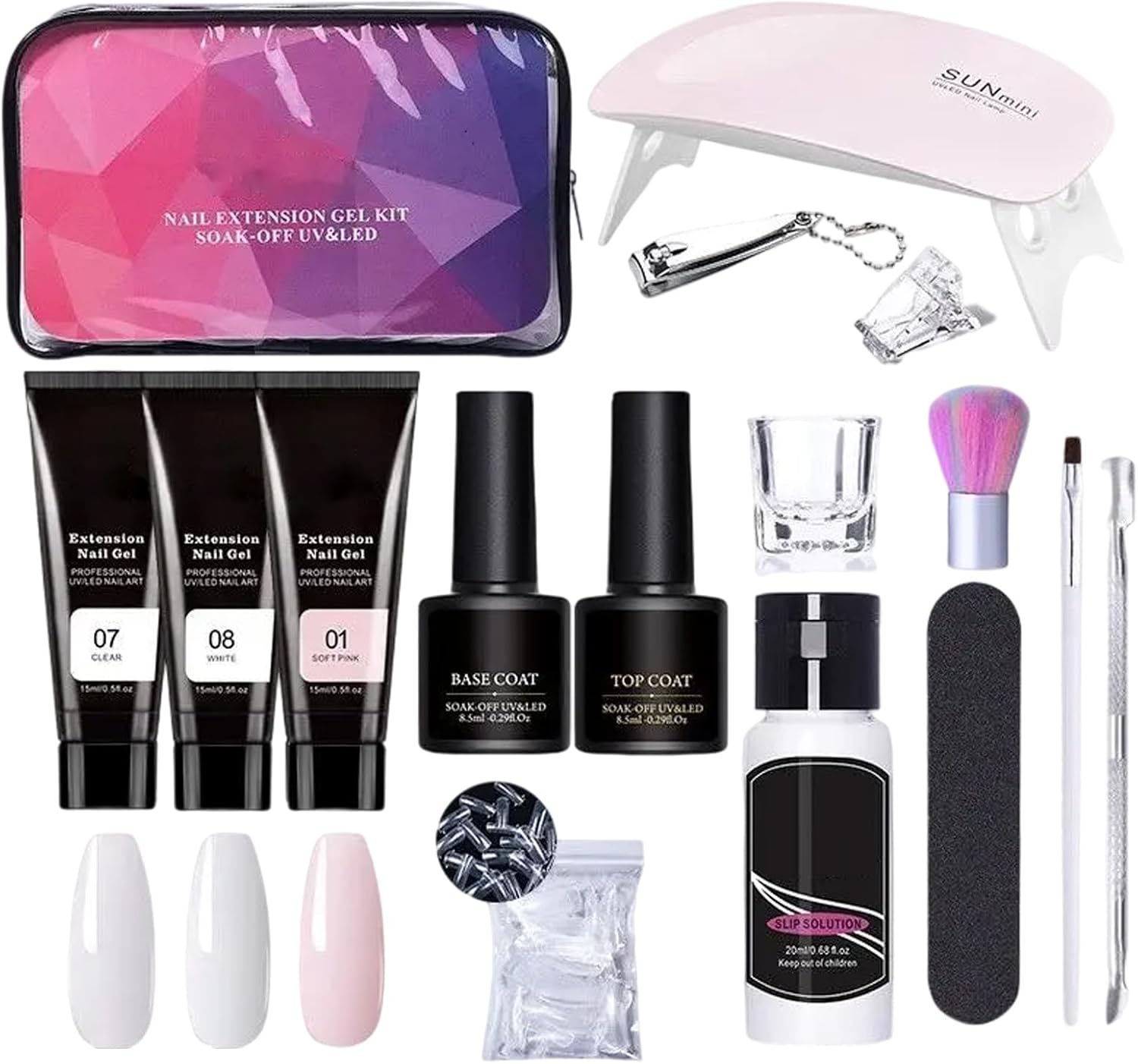 Poly Extension Gel Nail Kit,3 Colors Extension Nail Gel with Slip Solution and Lamp - Manicure Set for Home and Salon, Includes File and Clip image number 5