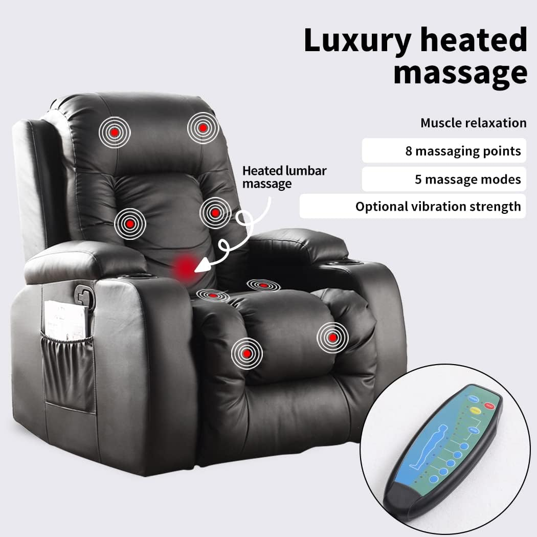 Levede Electric Recliner Chair Massage Chairs with Remote Control,Pu Leather Lounge Back Heated Sofa,Recliner,8 Points,5 Modes,Timer,Adjustable Lounge Sofa Chair for Living Room,150Kg Load - With 360&deg; Swivel image number 4