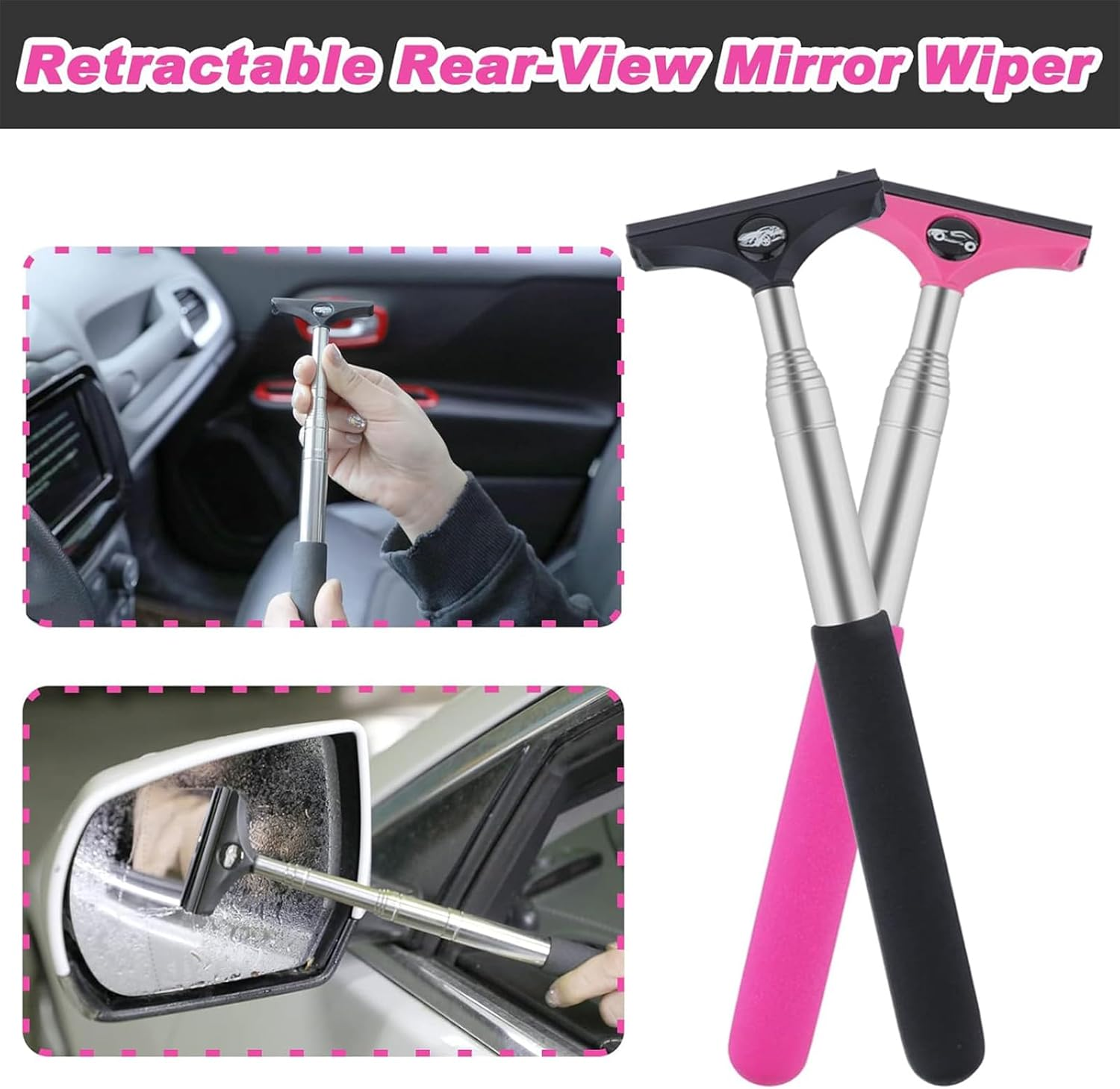 Side Mirror Squeegee, 2 Pcs Car Mirror Squeegee,Retractable Car Rearview Wiper for All Vehicles(Black/Pink) image number 1