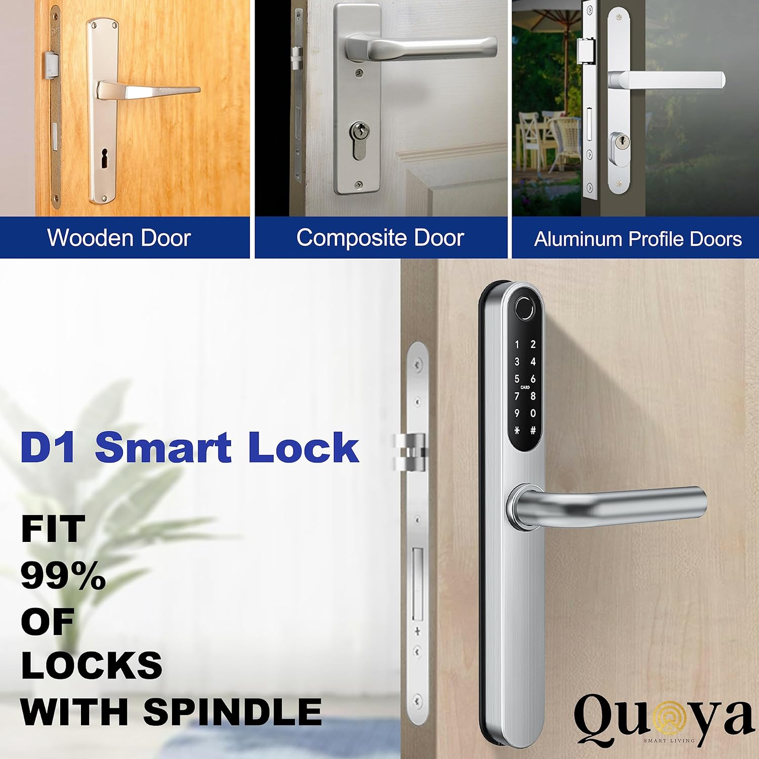QUOYA D1 Smart Door Lock, 75&deg; Max Rotation Angle, IP55 Waterproof, Unlocking Method (Fingerprint, RFID Key Card, Pin/Passcode, App, Mechanical Key) (Silver) - Black image number 5
