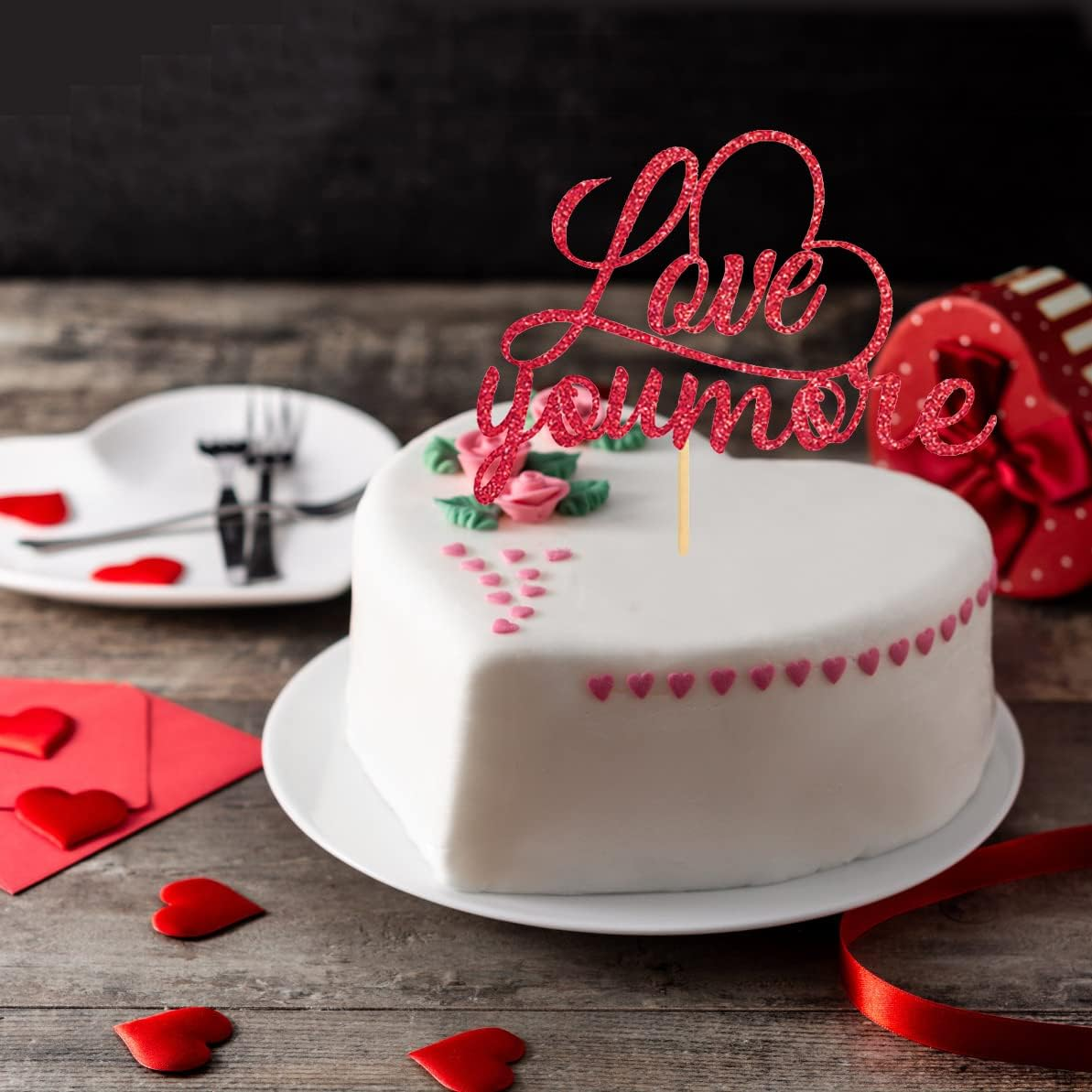 Glitter Valentine'S Day Cake Toppers Love Heart Cupcake Centerpiece Toppers Desert Cake Decoration Food Picks for Valentine'S Day, Wedding , Anniversaries Party Favor Supplies(Red B)