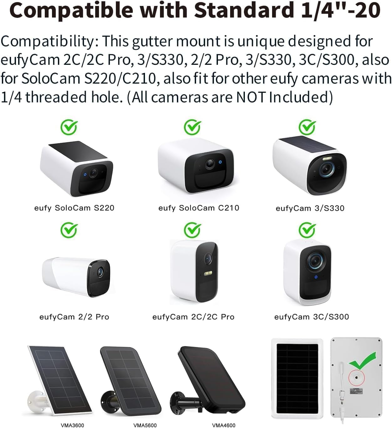 2 Pack Gutter Mount Compatible with Eufycam 2C/2C Pro, 2/2 Pro, 3C/S300, 3/S330,Solocam S220/C210, 360&deg;Rotation Security Bracket with 1/4 Screw Thread(Camera Not Included) image number 2