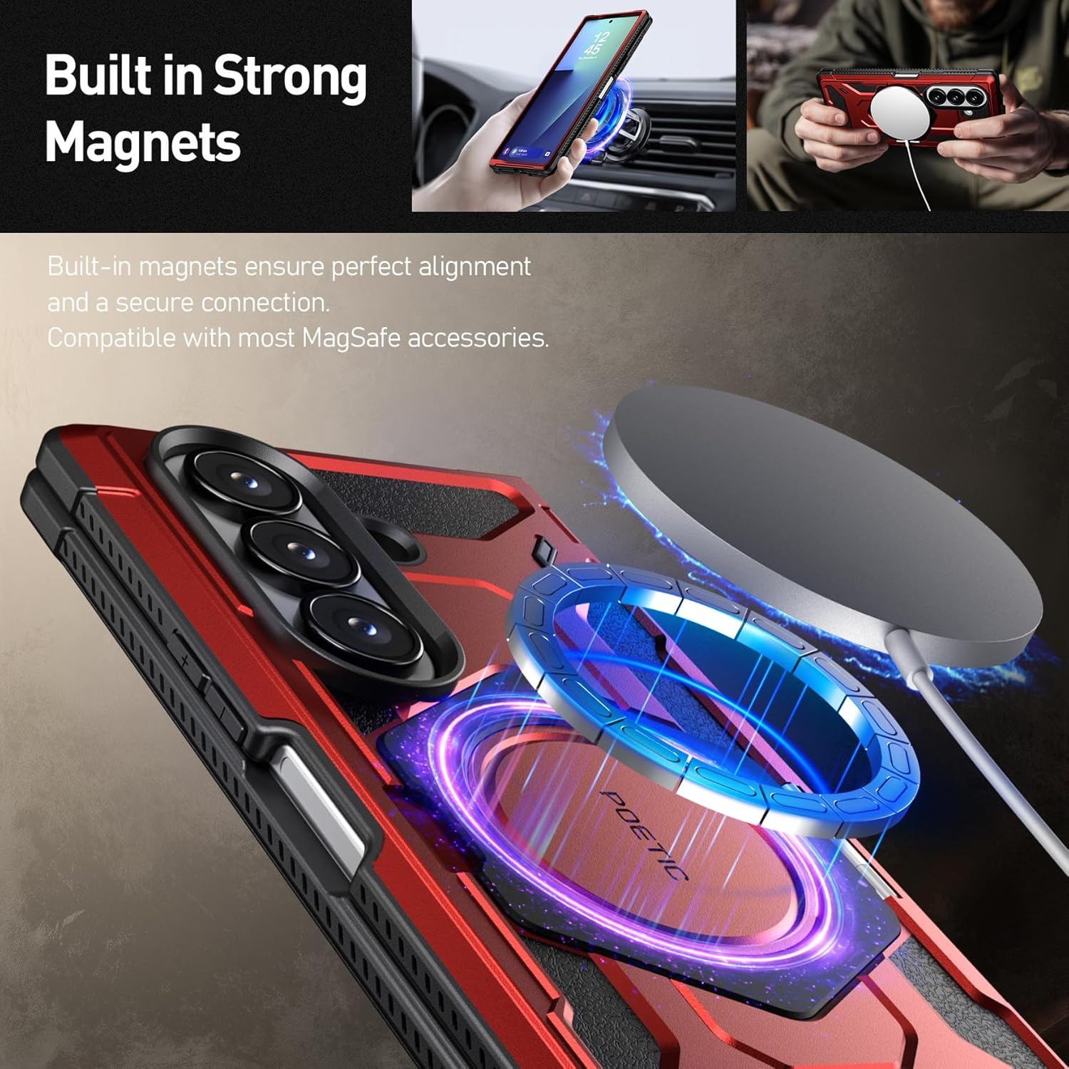 Poetic Spartan for Samsung Galaxy Z Fold 7 Case, [Hinge Protection][Magnetic Ring Adjustable Stand][Built-In Screen Protector][Compatible with Magsafe] Full-Body Rugged Phone Case, Metallic Red - Metallic Orange image number 2