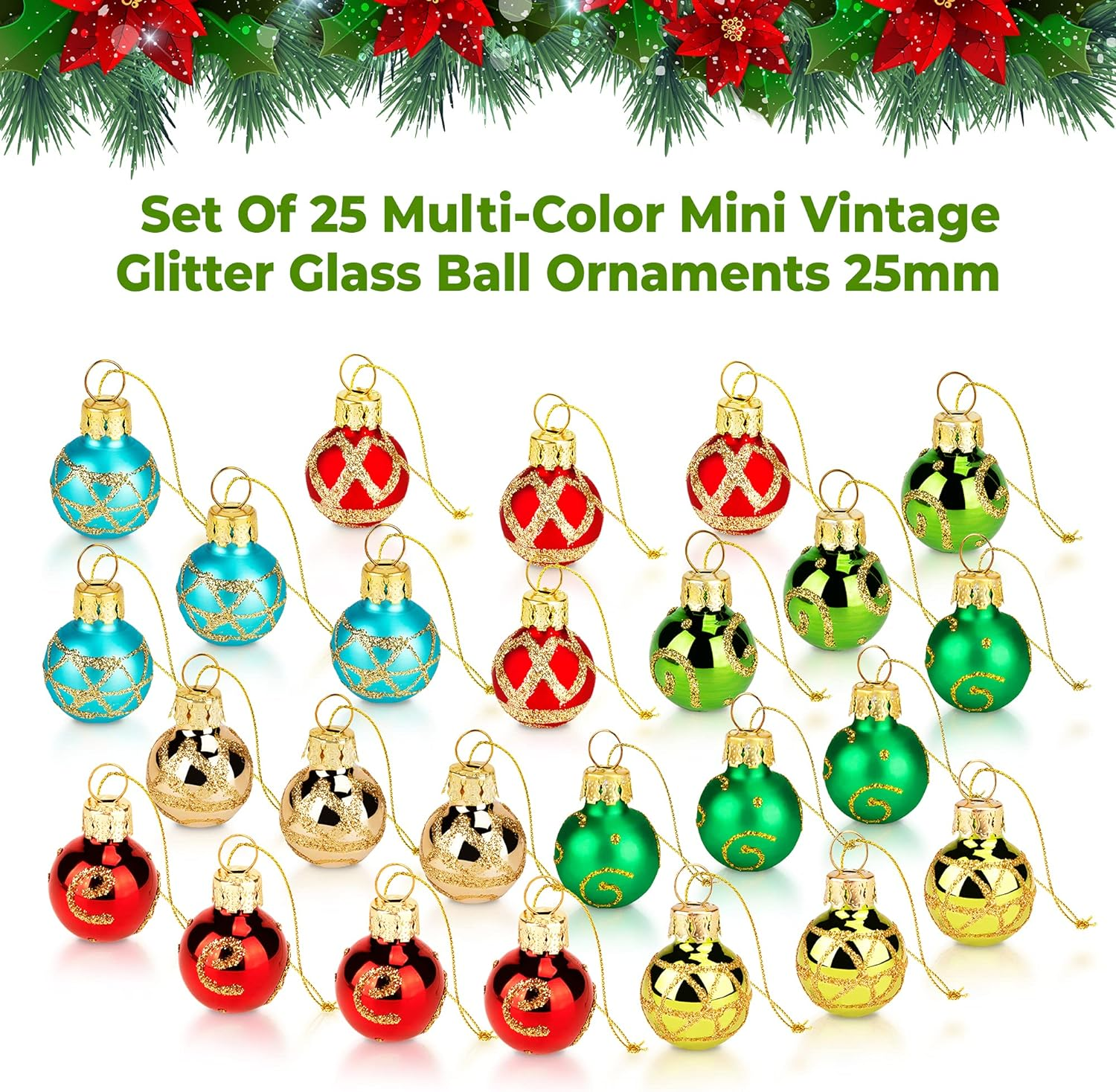 1 Inch Mini Vintage Multi Color Glass Ball Christmas Ornaments Set of 25 Balls | Miniature Christmas Tree Ornaments | Rustic Christmas Decorations | Mini Christmas Tree Decorations for Small Trees image number 1