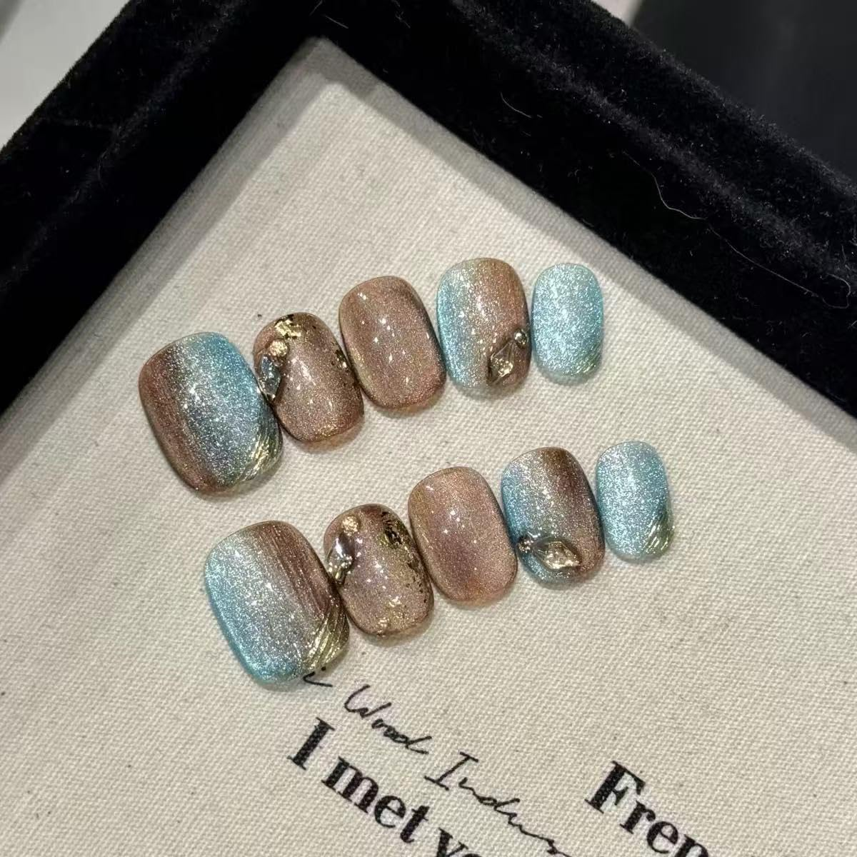 Handmade Fake Nails, Gold Glitter Press - on Nails, Shiny Sparkle False Nails with Exquisite Design, Easy - Apply Fake Nails for Party & Daily, Trendy Manicure Accessory(L) image number 1