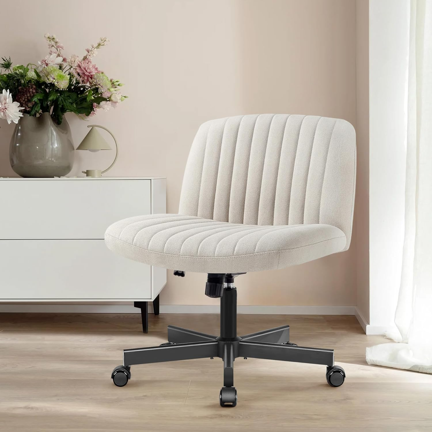 ONEIN Cross Legged Chair, Armless Office Chair with Adjustable Height, 360&deg; Swivel, and Upholstered Cushioned Seat, Modern Ergonomic Desk Chair for Home Office, Vanity, and Study &ndash; Beige image number 1