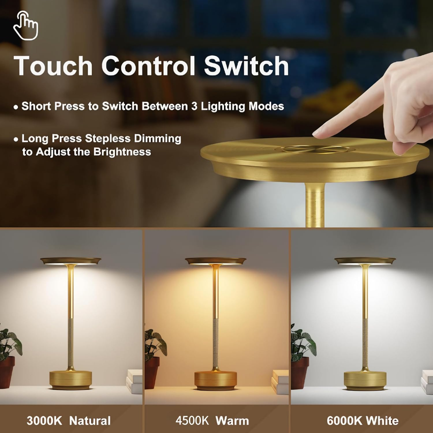 2 Pack Golden Cordless Rechargeable Table Lamp, LED Portable Touch 3000Mah Battery Operated Table Lamps, with Memory Function 3-Level Brightness for Patio, Bars, Bedroom, Outdoor, Dinner, Cafe