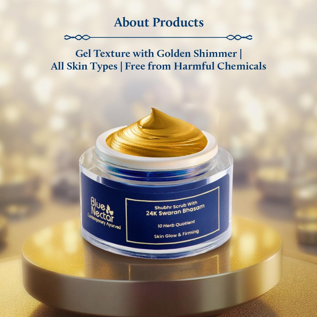 Blue Nectar 24K Gold Face Scrub for Glowing Skin | Cleanser & Exfoliating Scrub with Aloe Vera, Walnut & Kumkumadi for Men & Women | Ayurvedic Tan Removal (12 Herbs, 50G) image number 6