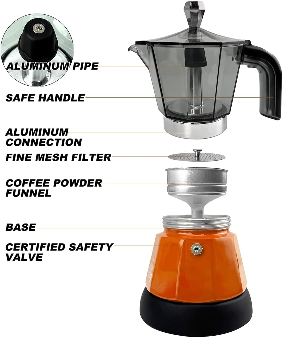 Mornest Electric Moka Pot Coffee Maker, Electric Espresso Maker Auto Shutoff, Italian Classic, 360 Degree Rotating Base, Portable Home Travel, 3/6 Cups (150/300Ml) (Orange, 3 Cups) image number 3