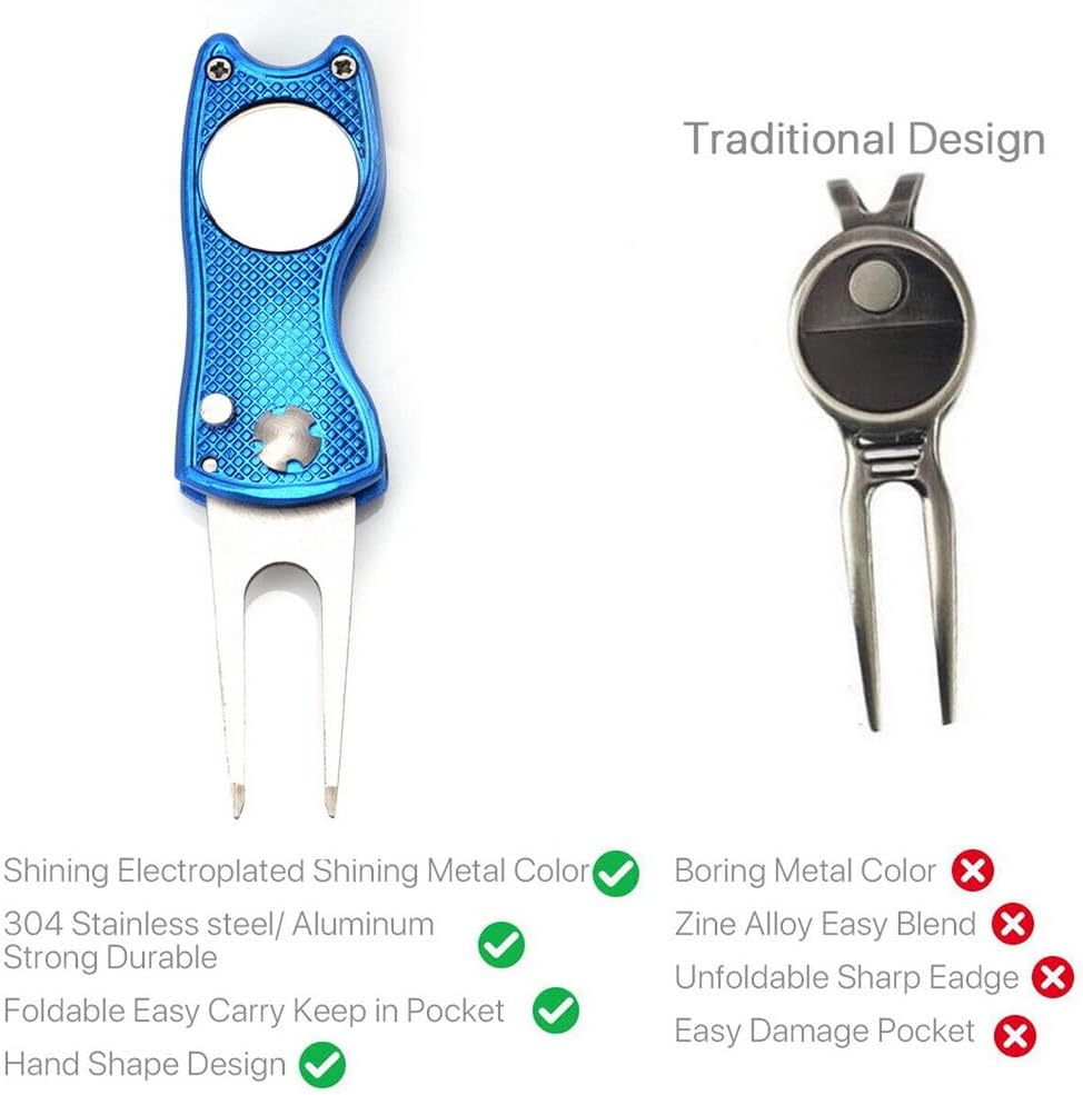 Metal Foldable Golf Divot Repair Tool with Pop-Up Button & Magnetic Ball Marker Red image number 6