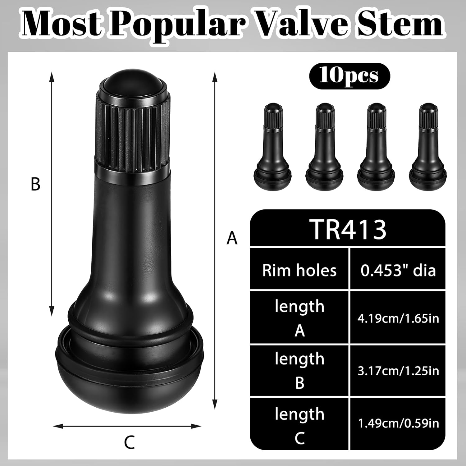 10 PCS Tire Valve Stems Set, TR413 Tubeless Valve Stems, Snap-In Rubber Tire Valves for 0.453" Tubeless Rims, Universal Durable Black Replacement Stem Fit for Cars, Trucks, Trailers, Lawn Mowers image number 5