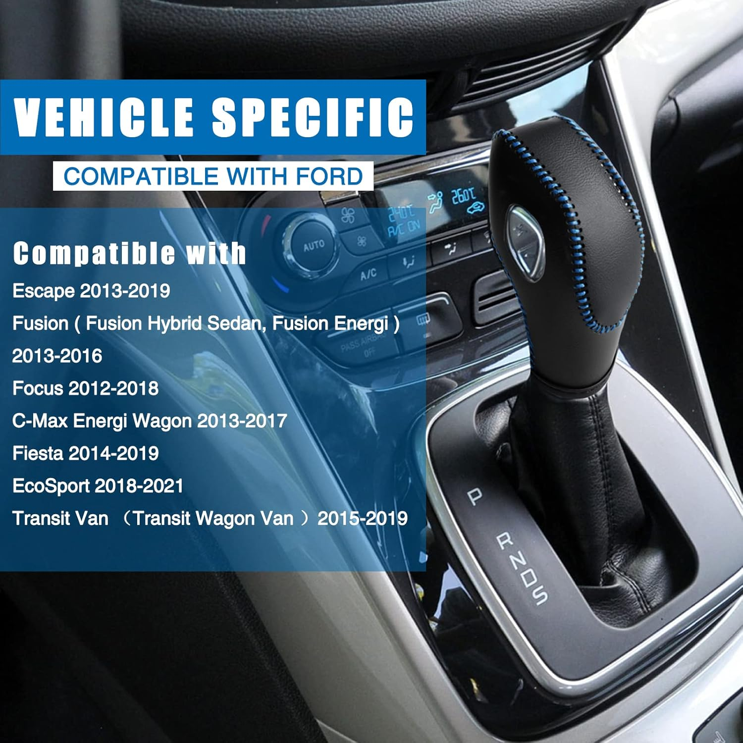 AICARS Leather Gear Shift Knob Cover Compatible with Ford Focus丨 Escape丨 Fusion丨 C-Max Energi Wagon丨 Transit 丨 Fiesta 2012-2019 Black Leather with Blue Stitches Shifter Knob Cover- Black - Red image number 5