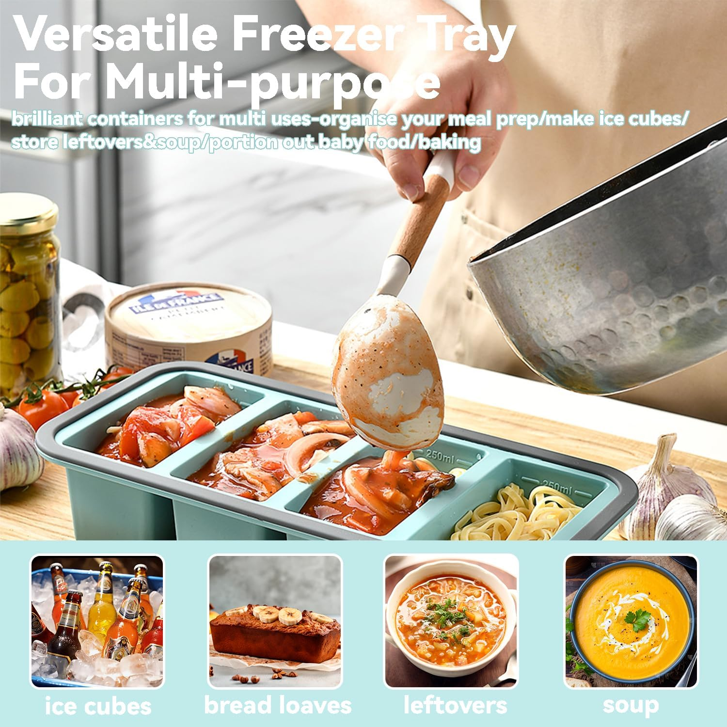 3 PACK Silicone Freezer Tray with Lids, Baby Food Freezer Containers, Oven Safe Dishwasher Safe, Multi-Size Freezer Moulds Ideal for Portioned Meal Prep Soup Leftovers Ice Cubes Baking (Blue) image number 6