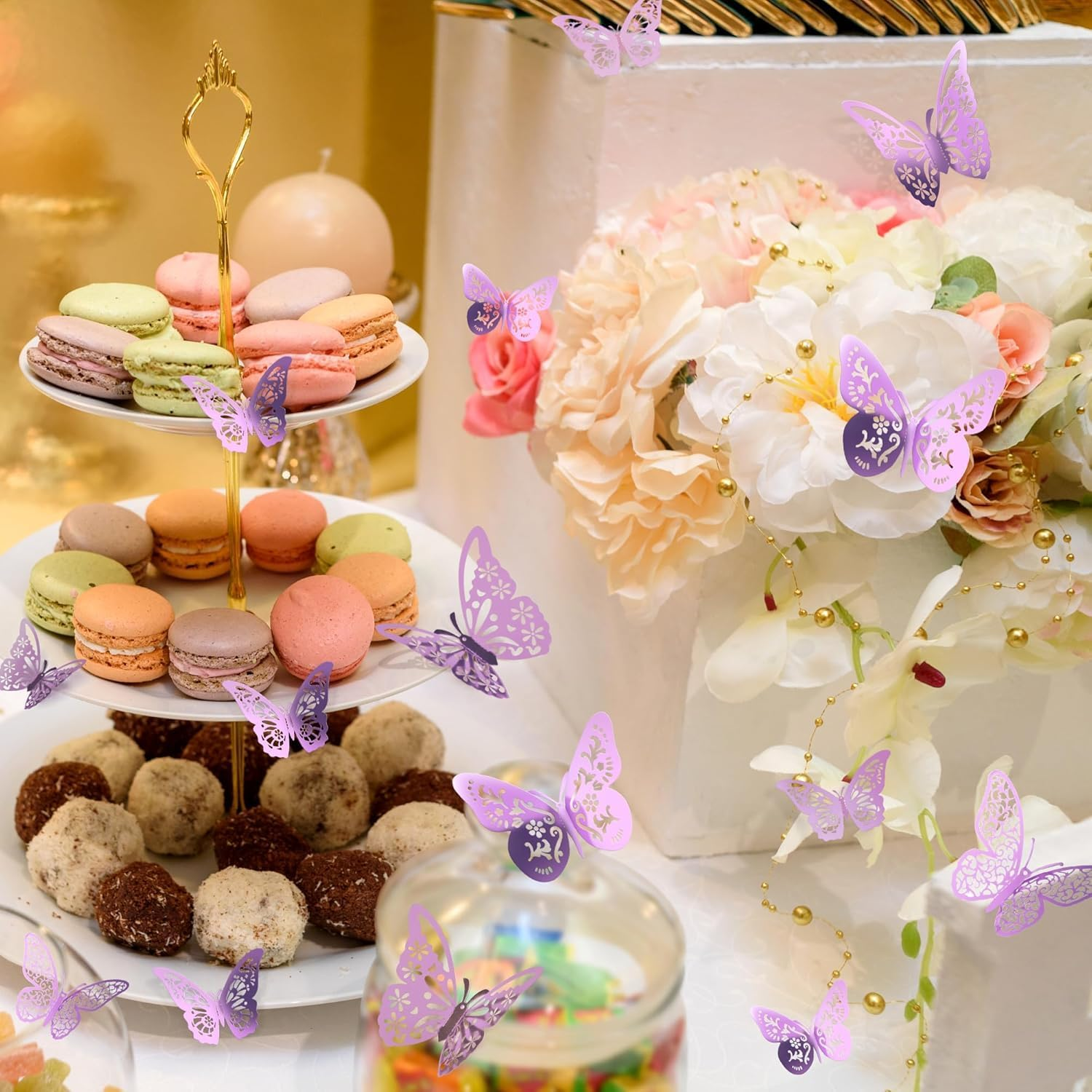 Quhoxdye 72 Pcs Gold Butterfly Decorations - 3 Sizes, 3 Styles, 3D Wall Decor for Parties, Birthdays & Crafts,Butterflies for Crafts, Bouquet, Cake Decorating, Flower Arrangements, (Purple)