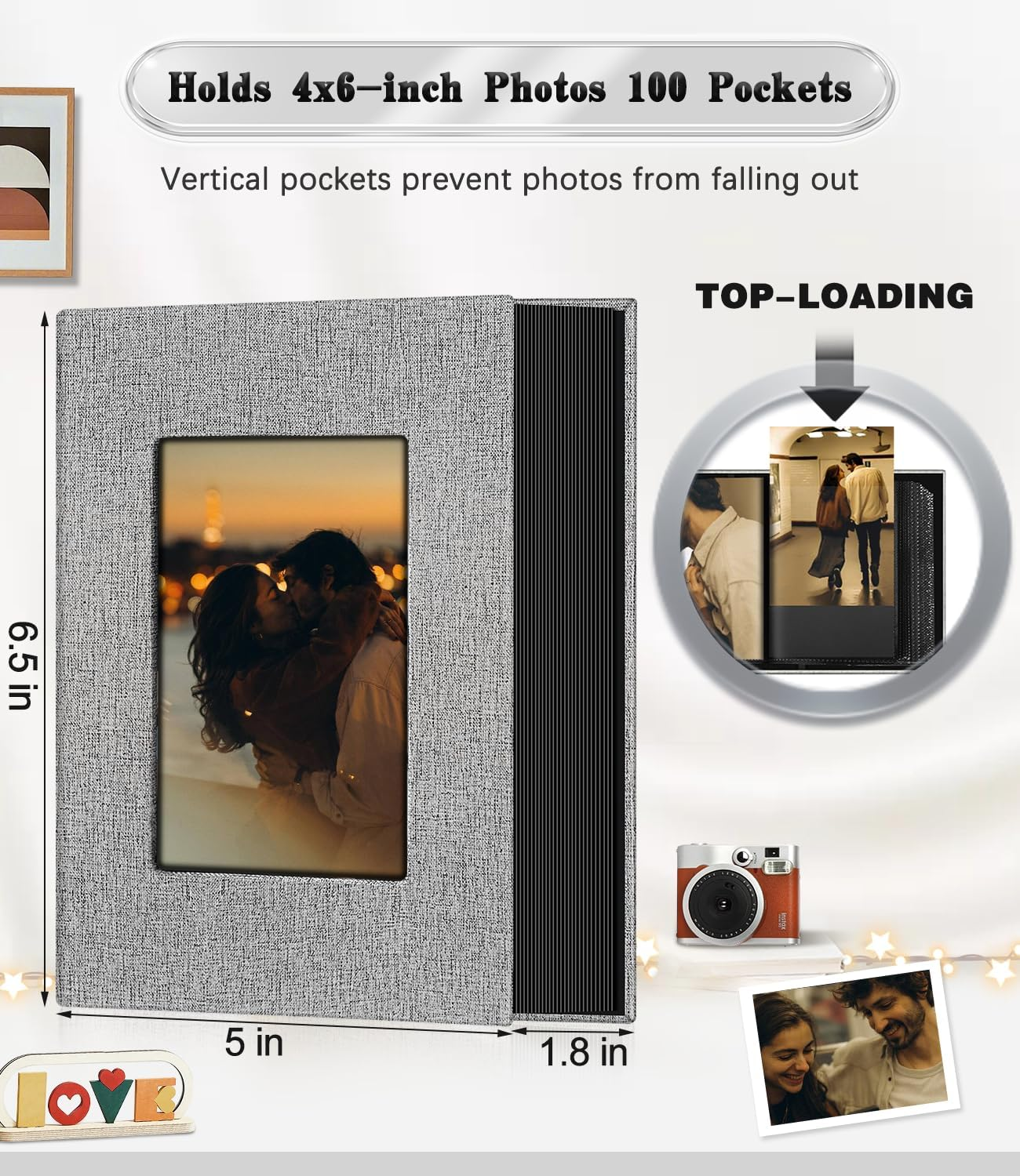 Ejblfe Photo Album 4X6,Linen Cover Slide-In Photo Album Book Can Holds 100 4X6 Photos with 50 Black Sheets for Family,Wedding,Baby and Holiday Pictures (Gray) image number 1