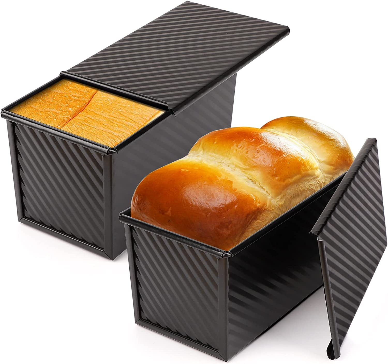 Beasea Pullman Loaf Pan 2 Pack, 1 Lb Non-Stick Bread Pan with Lid Carbon Steel Gold Toast Box Mold with Cover for Bakeware Bread, Baking Tools for Oven Baking