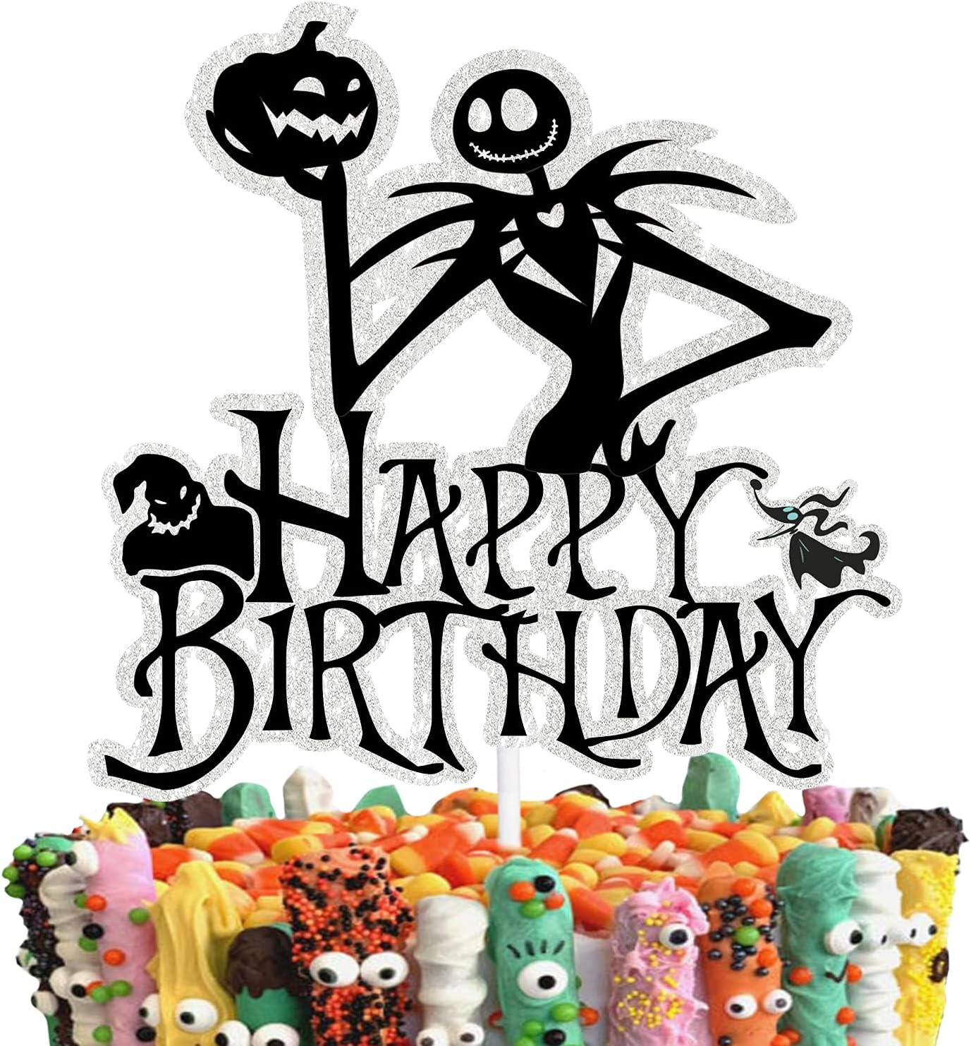 Happy Birthday Cake Topper for Jack and Sally - Glitter Happy Halloween Theme Anniversary Birthday Party Decoration Supplies image number 2