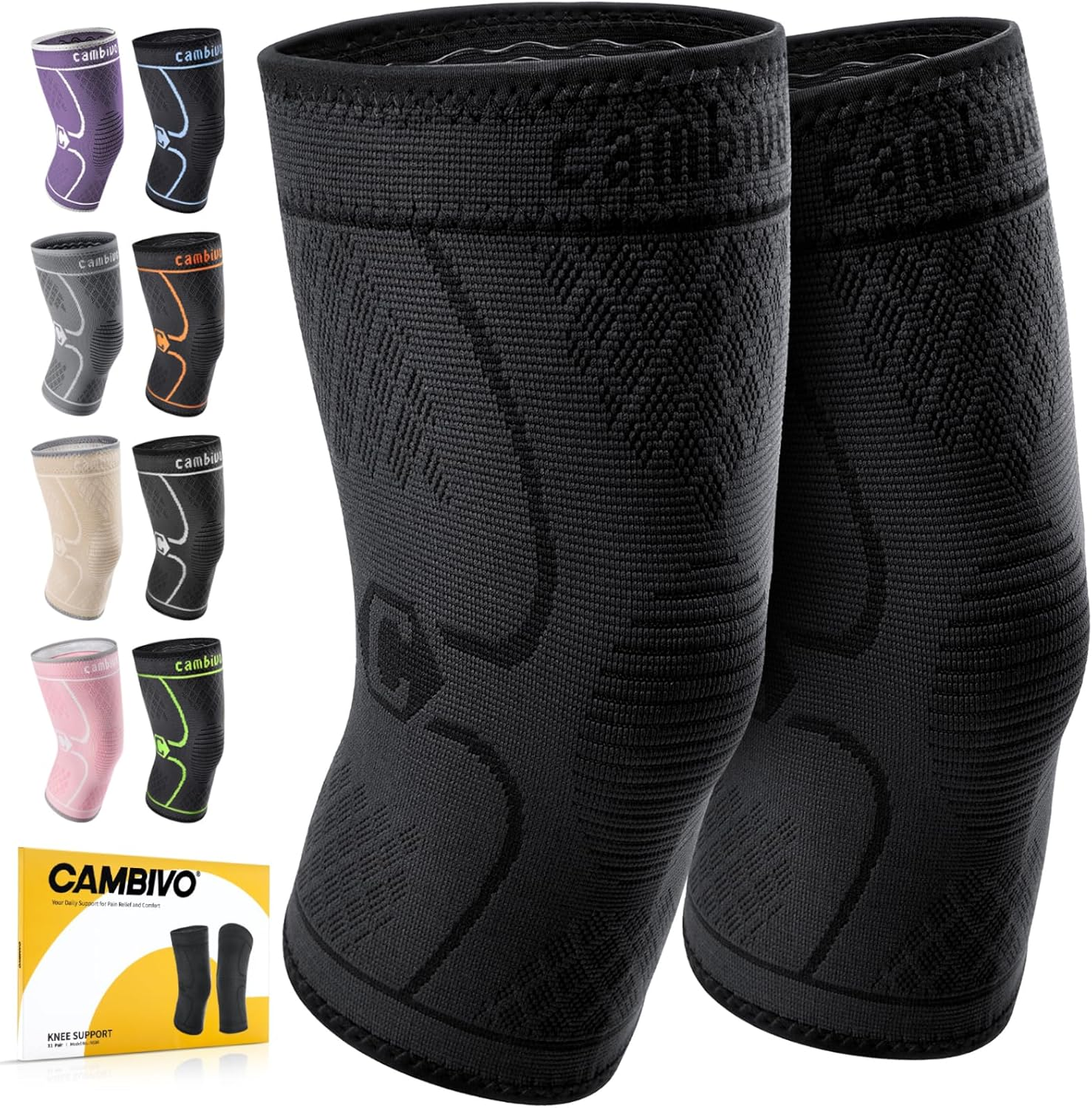 CAMBIVO 2 Pack Knee Brace, Knee Compression Sleeve Support for Men and Women, Running, Hiking, Arthritis, ACL, Meniscus Tear, Sports, Home Gym