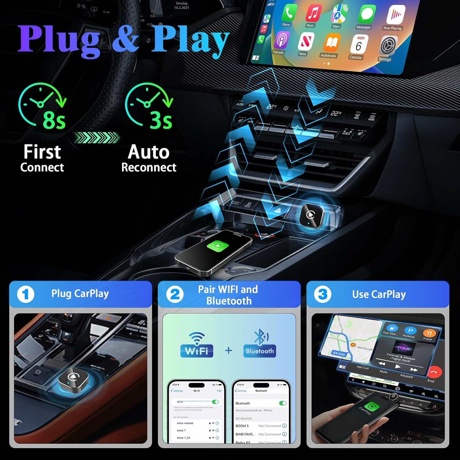 Wireless Carplay Adapter for Iphone, 2025 Upgrade Convert Wired to Wireless Car Play Dongle, Mini Size USB Design for Apple Carplay Adapter, Usb-A/Type-C, No Delay, Plug and Play & Stable Control image number 4