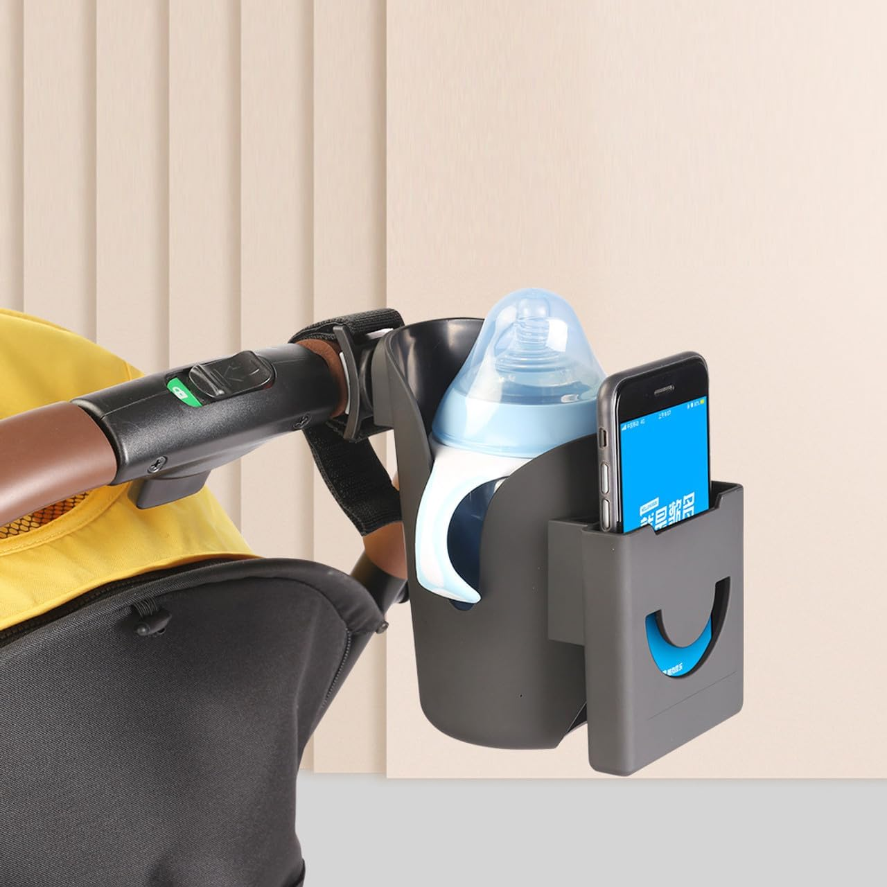 Minnieme Versatile Stroller Cup Holder with Phone Storage - Adjustable & Secure Baby Bottle and Drink Holder for All Stroller Types - for Stability on the Go image number 3