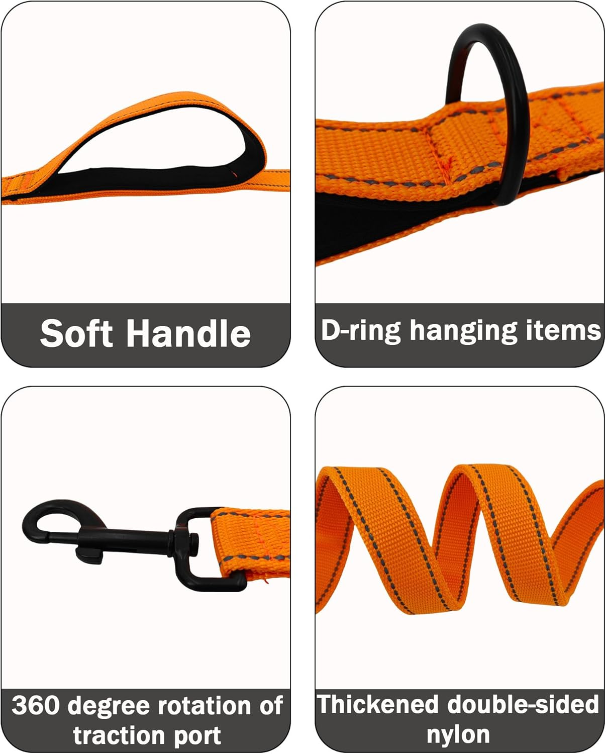 Solmoony 4FT Black Strong Dog Leash with 2 Padded Handles, Traffic Handle Extra Control, Double-Sided Reflective Walking Lead for Small Medium and Large Dogs(Black, 4FT) image number 4