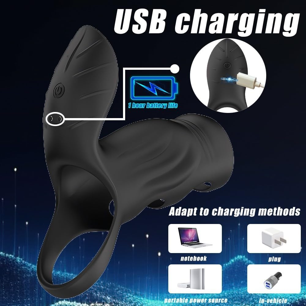 LONZYON Vibrating Penis Sleeve Cock Ring with Clitoral Stimulator, Penis Ring Vibrator Extender for G Spot Stimulation, Couples Adult Sex Toys for Men Women, Girth Enhancer Sleeve Male Couple Sex Toy (Black) image number 5