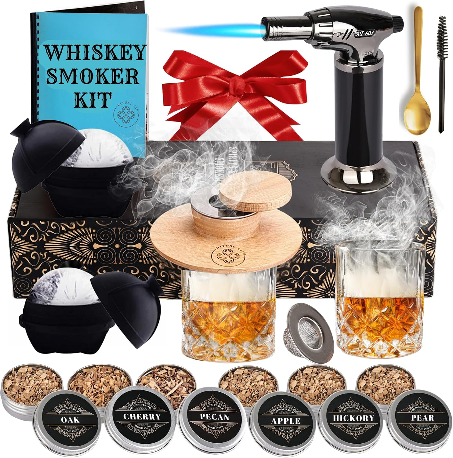 Whiskey Smoker Kit - Cocktail Smoker Kit with Torch, 2 Whiskey Glasses, 2 Ice Ball Makers, 6 Flavors Wood Chips - Old Fashioned Smokers - Bourbon Drink Smoking Set - Whiskey Accessories Gifts for Men image number 1