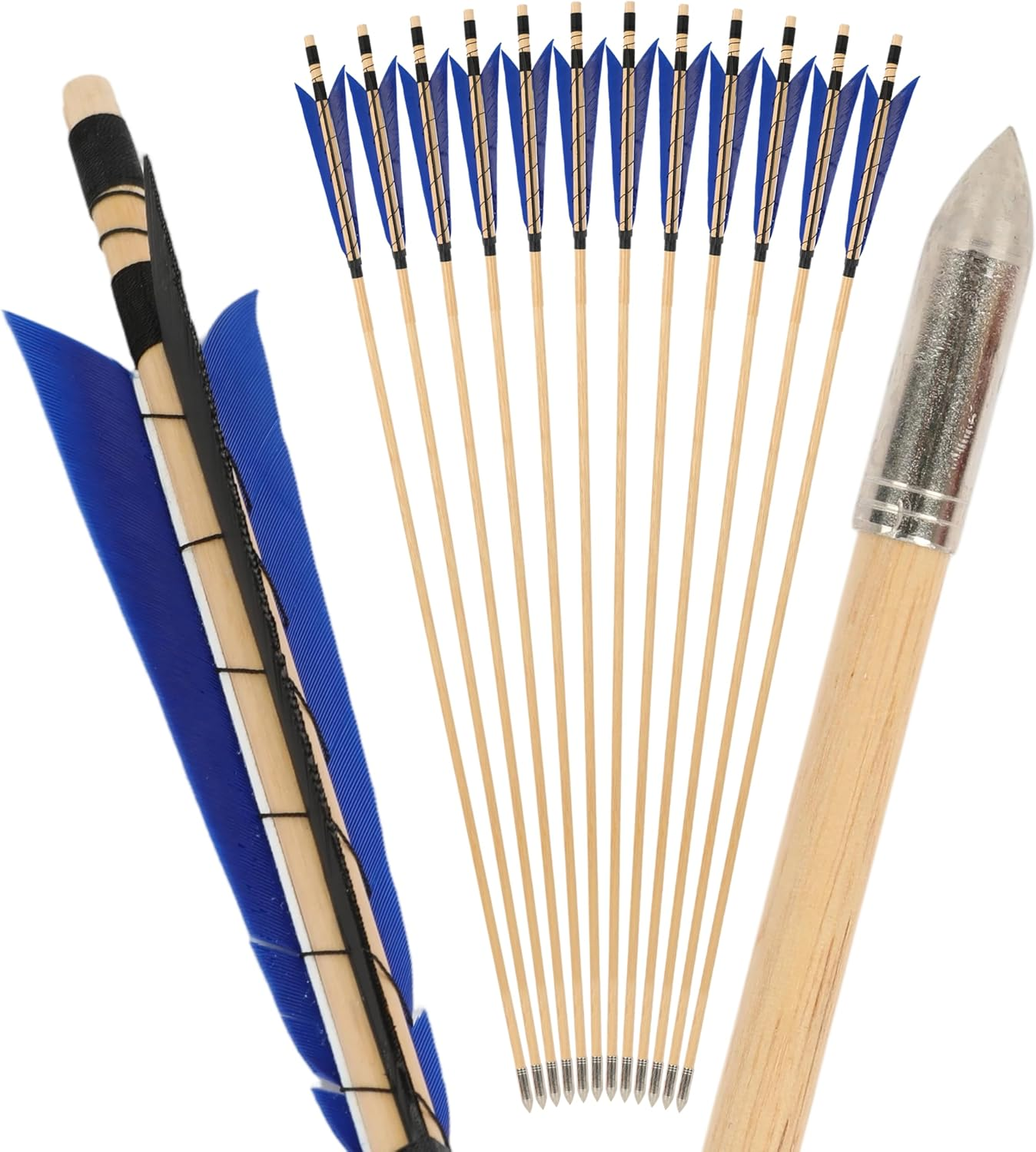 32 Inch Wooden Arrow English Longbow Arrow Target Pracrice Arrow Shaft with 5" Turkey Feather Fletching and Field Point for Recurve Bow Longbow Traditaonal Bow