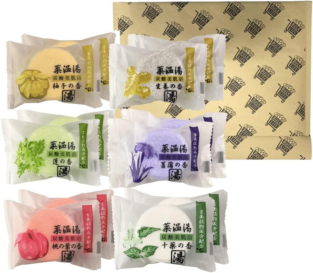 BULK LIFE Bath Salts, Medicated Hot Water, Carbonated, Beautiful Skin Bath, Carbonated, Dense 6 Fragrances (2 Each), Set of 12 Tablets