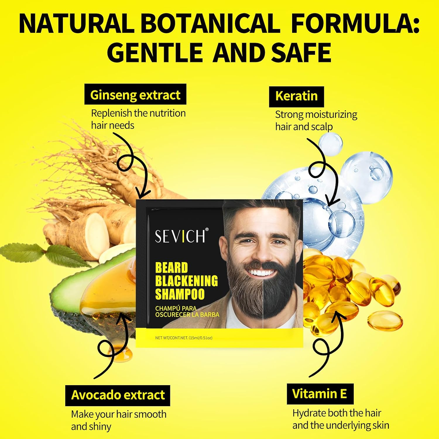 SEVICH Beard Dye Shampoo for Men - Instantly Easy Coloring, Nourishing & Skin Friendly Formula, 4 Week Long-Lasting Color,10X15Ml Travel Friendly Packets