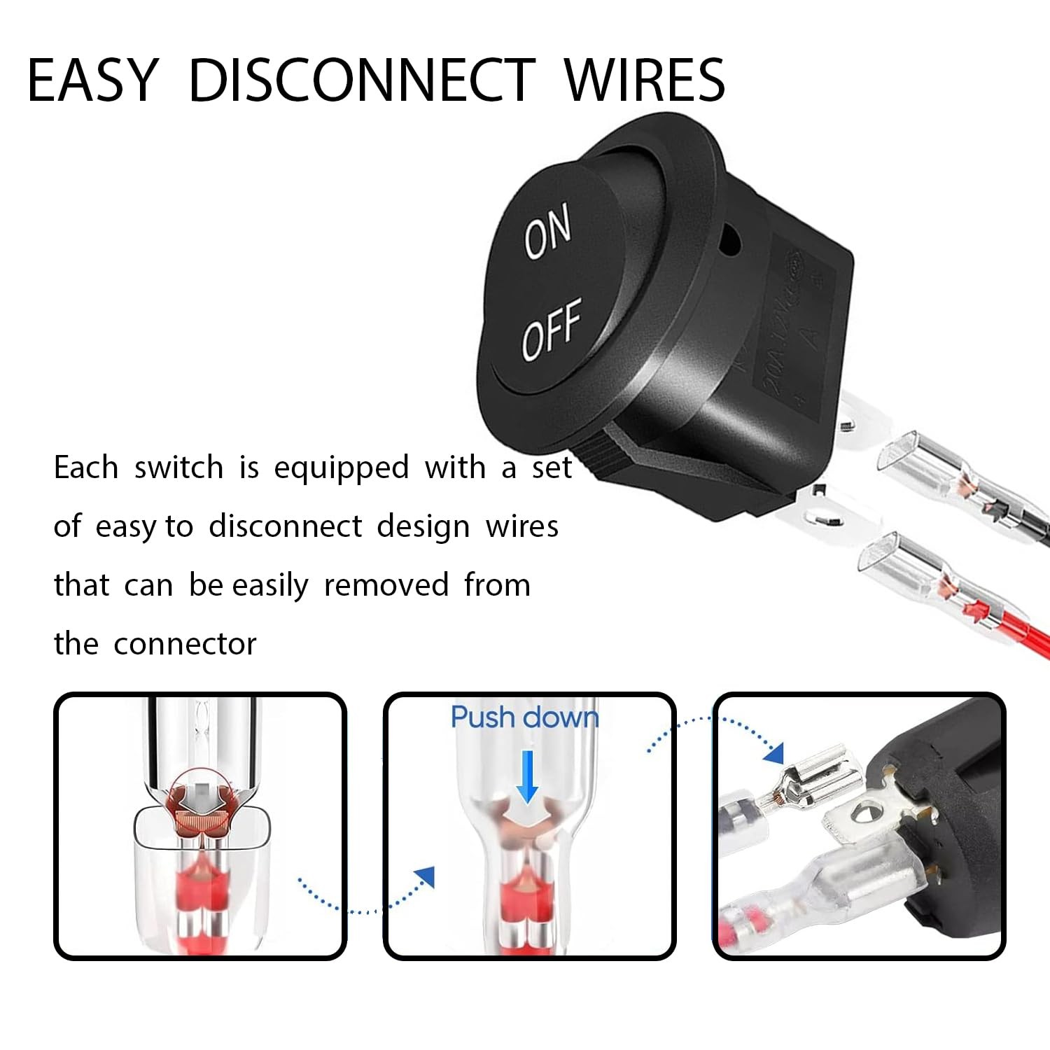 12V Circular Toggle Switch, 2-Pin SPDT, 20A/12V DC, 10A/125V AC, Black, Manual, Snap-In Mount, Hinge Lever, ON-OFF image number 3
