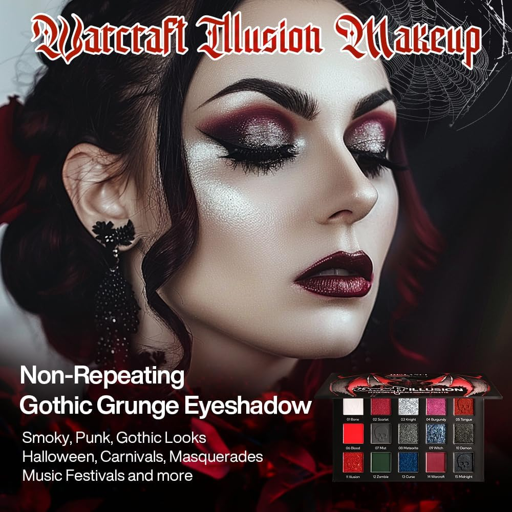 Red/Black Eyeshadow Palette, Gothic Red Eyeshadow Halloween Makeup, Black-Silver Shimmer Glitter Eyeshadow Pallet Burgundy Smokey Matt Eye Shadow for SFX Clown Vampire Christmas Looks image number 4