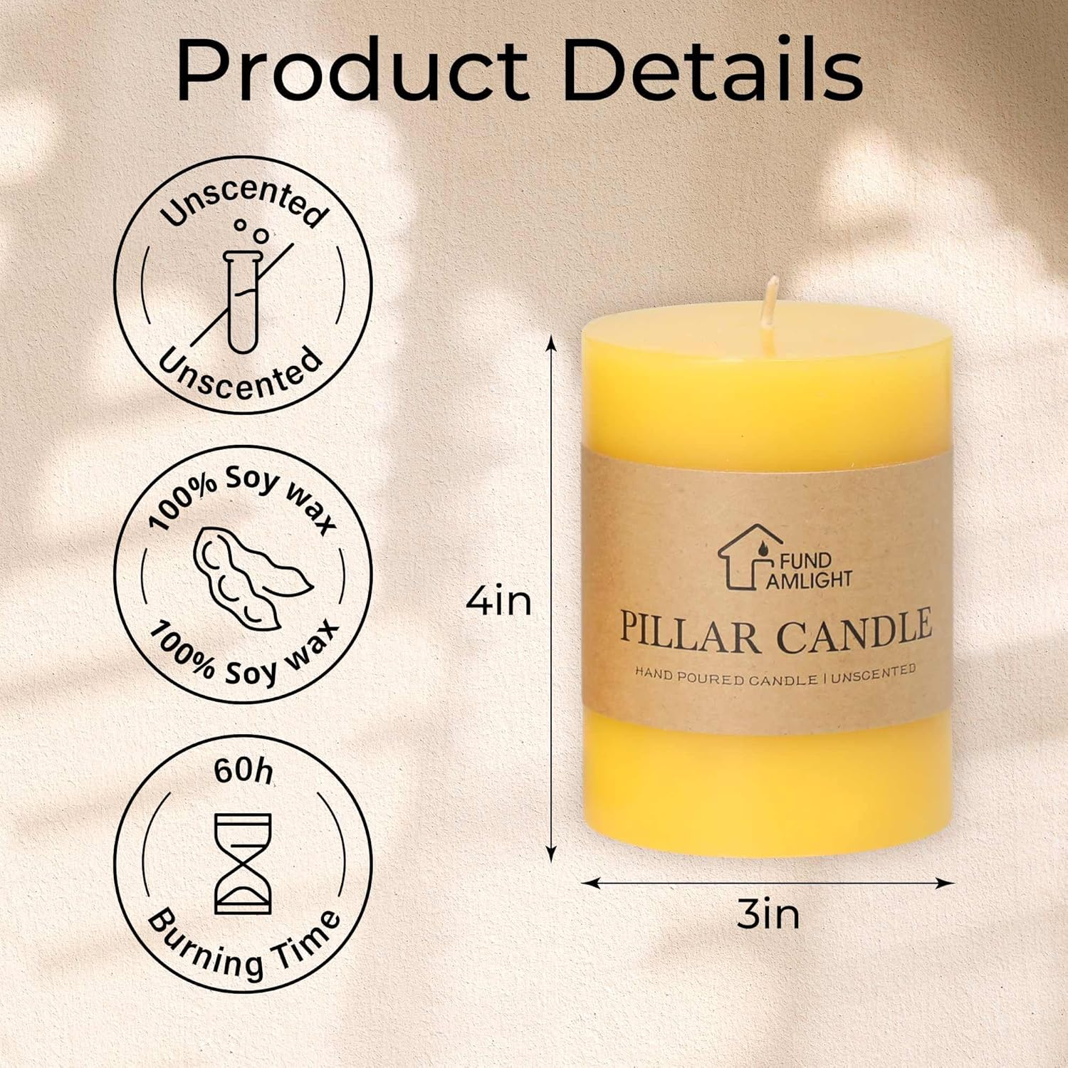 3X4 Inch Yellow Pillar Candles Set of 3 - Decorative Unscented Pillar Candle, Long Burning Dripless Candle for Table Decor, Smokeless Large Pillar Candles for Wedding Table Decor image number 5